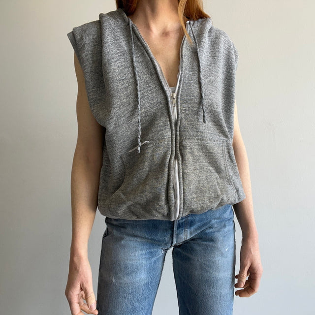 1970s Super Aged and Beat Up Insulated Zip Up Hoodie Vest - WOW