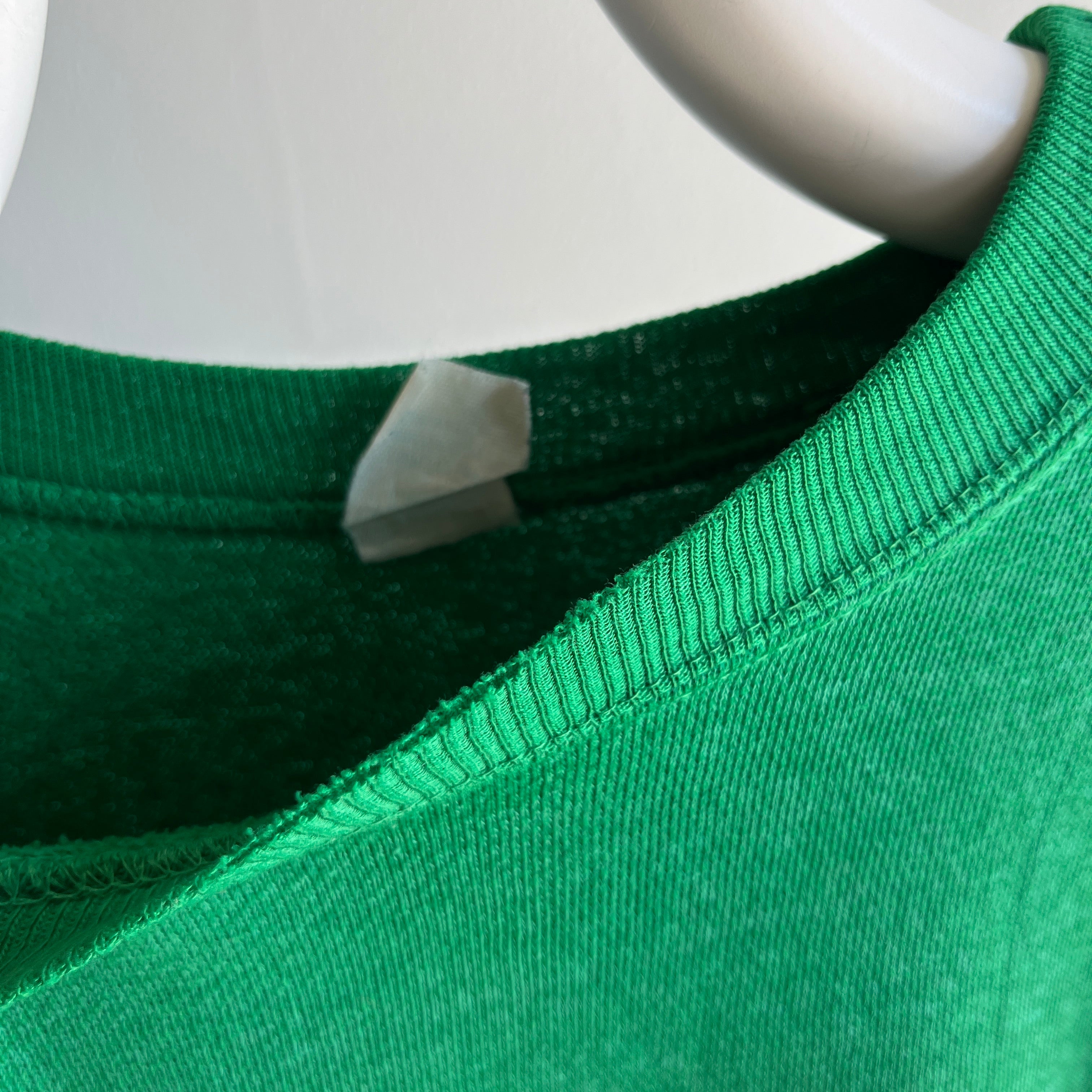 1980s Split Collar Thinned Out Green Light Green Raglan Sweatshirt