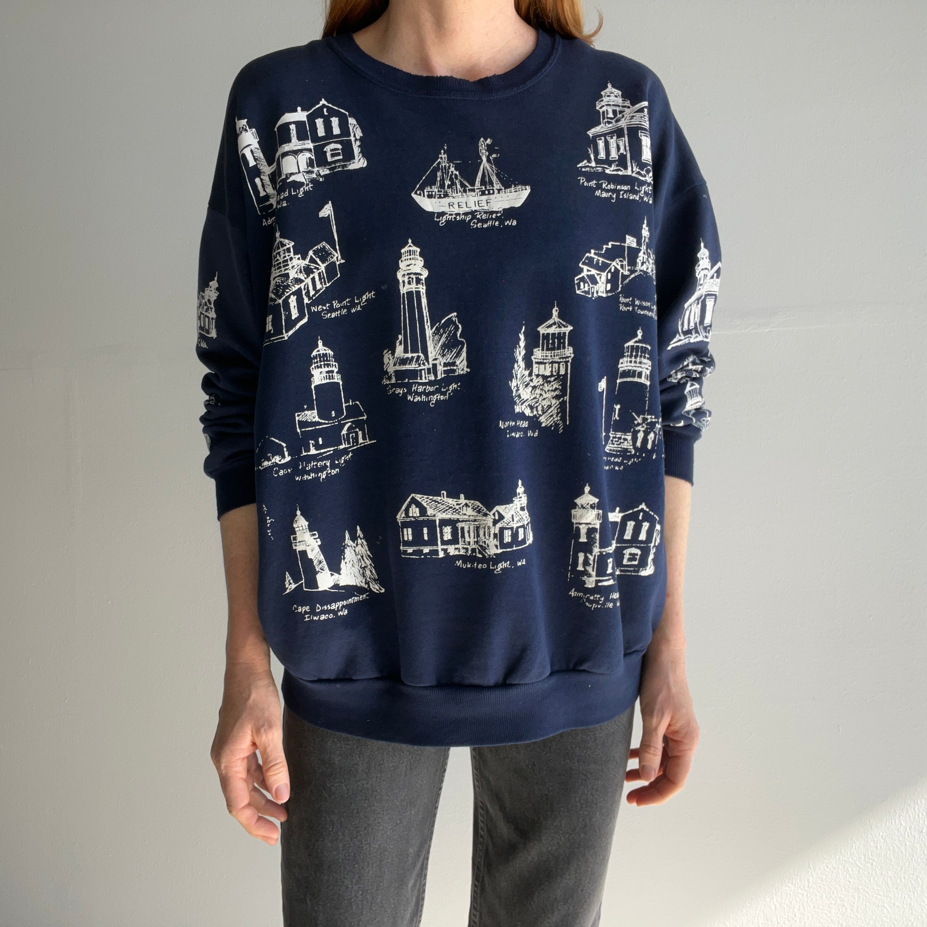 1980/90s Washington Lighthouses Thinned Out Tattered Torn and Shredded Sweatshirt - WOW