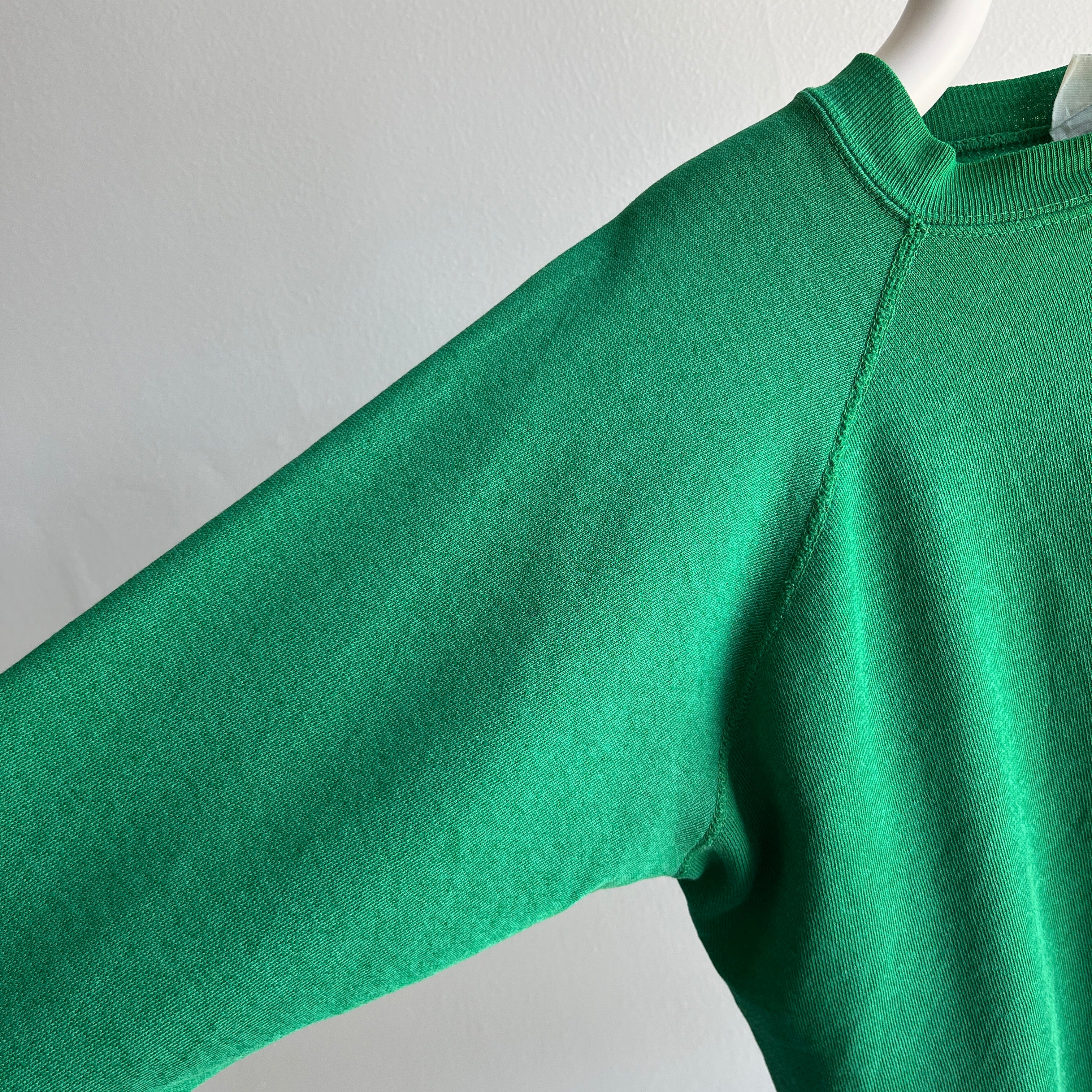 1980s Split Collar Thinned Out Green Light Green Raglan Sweatshirt