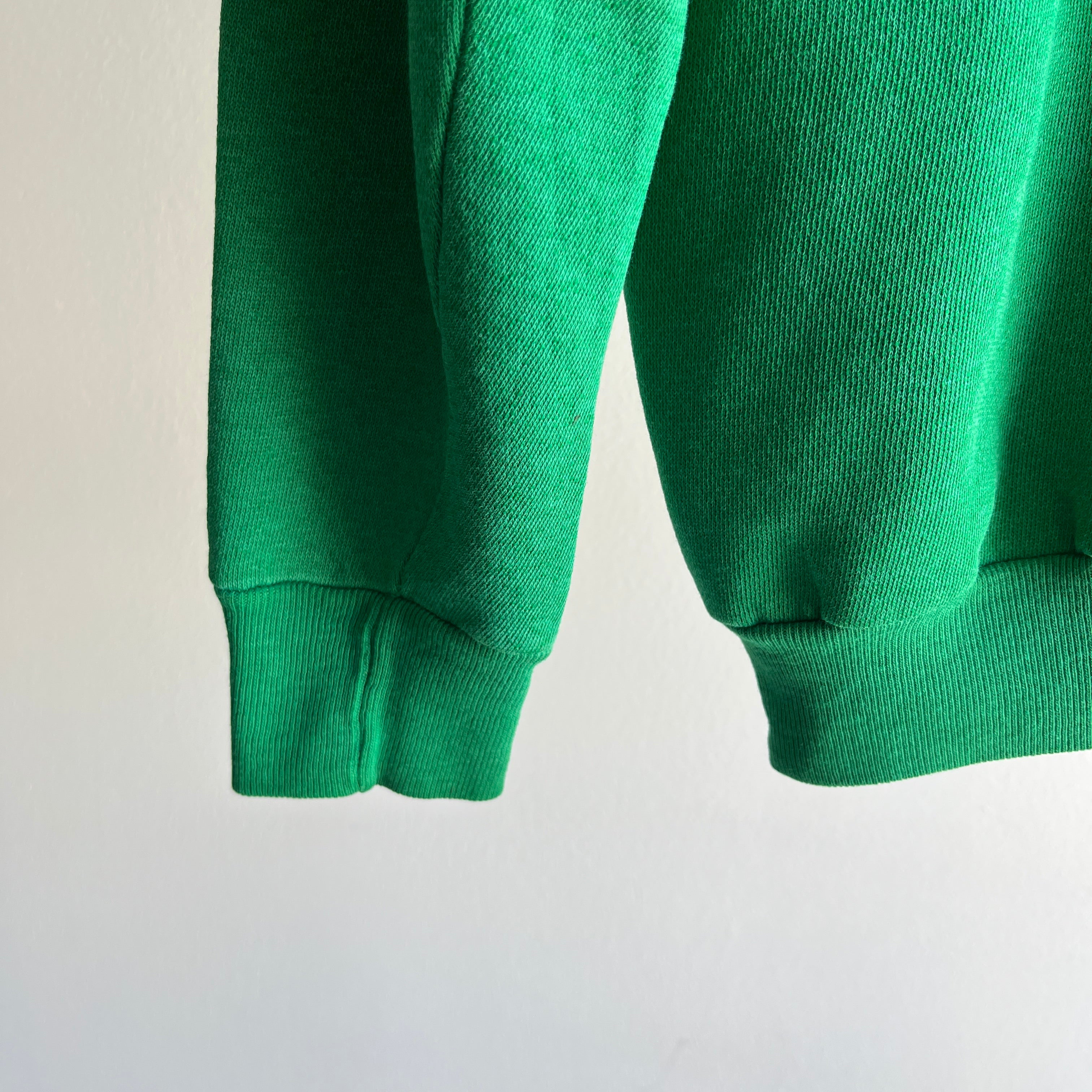 1980s Split Collar Thinned Out Green Light Green Raglan Sweatshirt