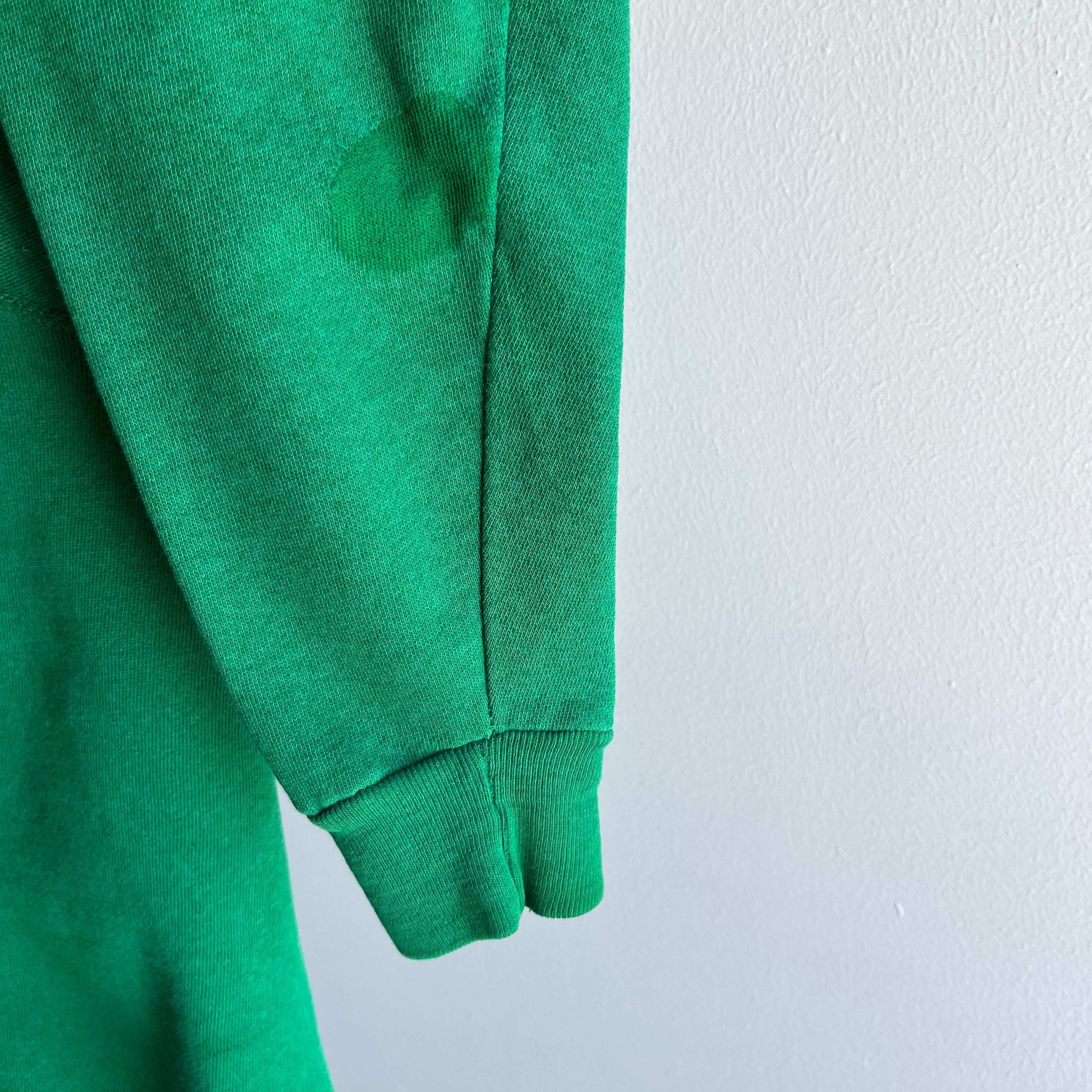 1980s Split Collar Thinned Out Green Light Green Raglan Sweatshirt