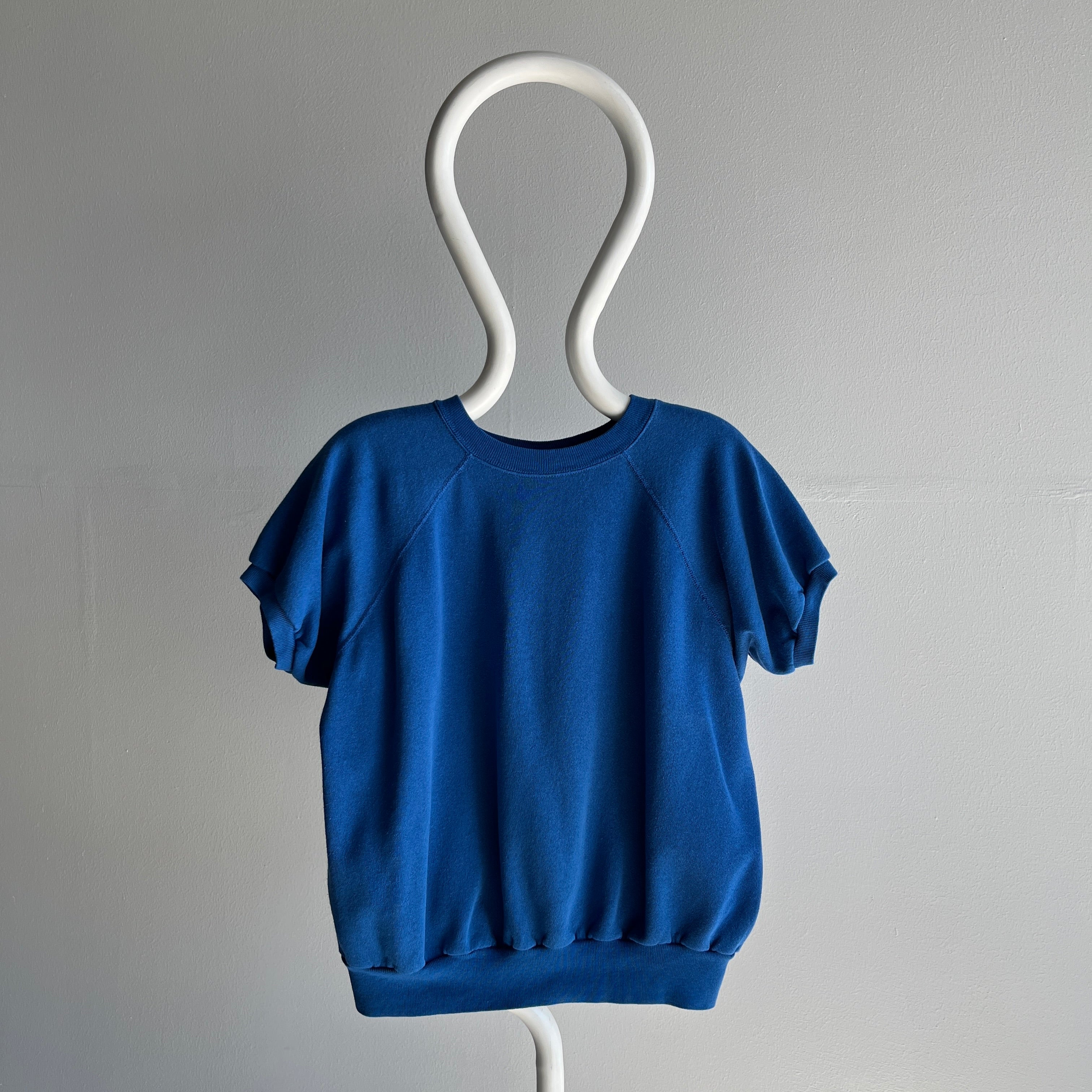 1980s Blank Blue Shorter Sleeved Warm Up Sweatshirt - Great Shape