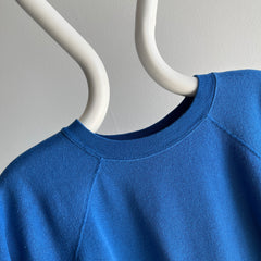 1980s Blank Blue Shorter Sleeved Warm Up Sweatshirt - Great Shape