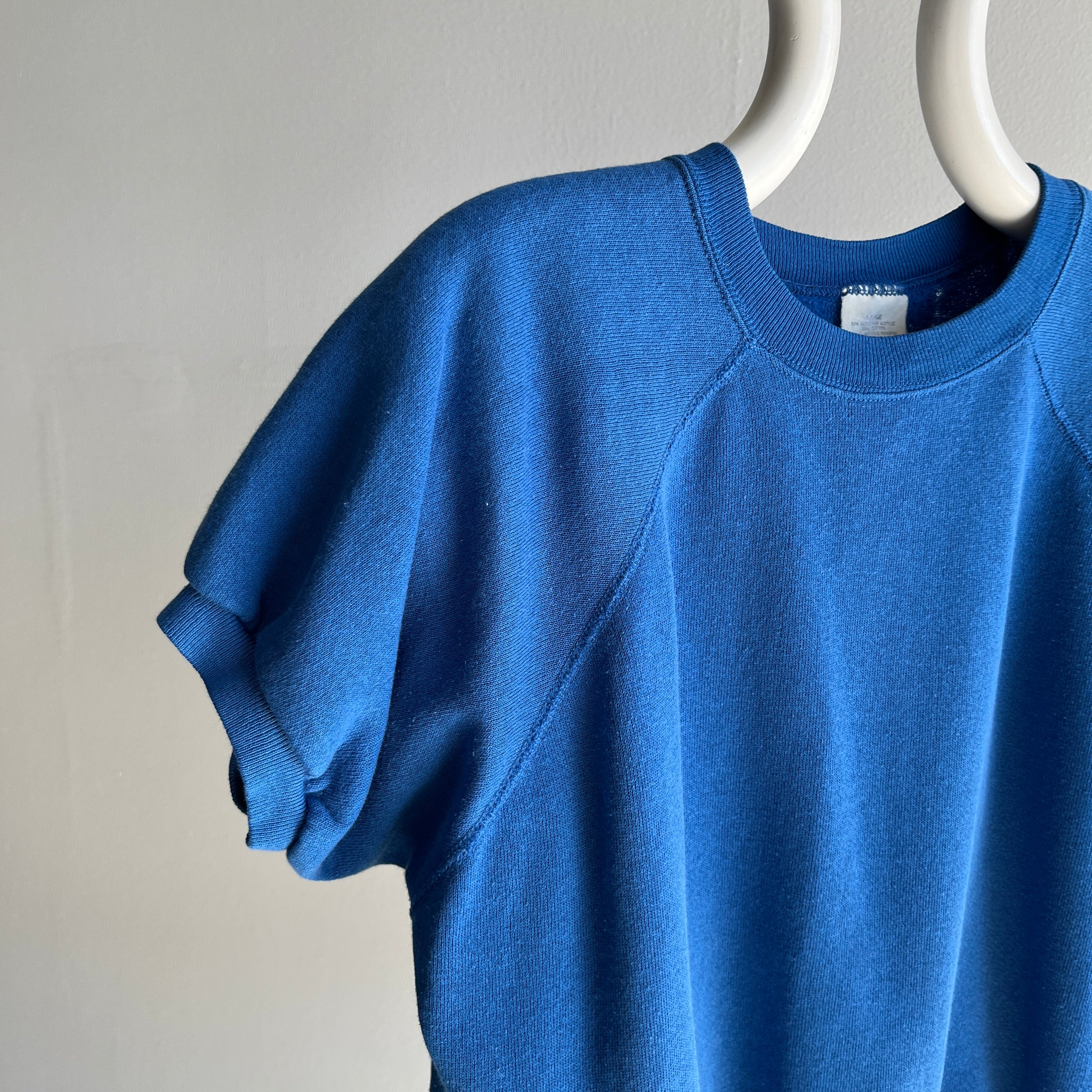 1980s Blank Blue Shorter Sleeved Warm Up Sweatshirt - Great Shape