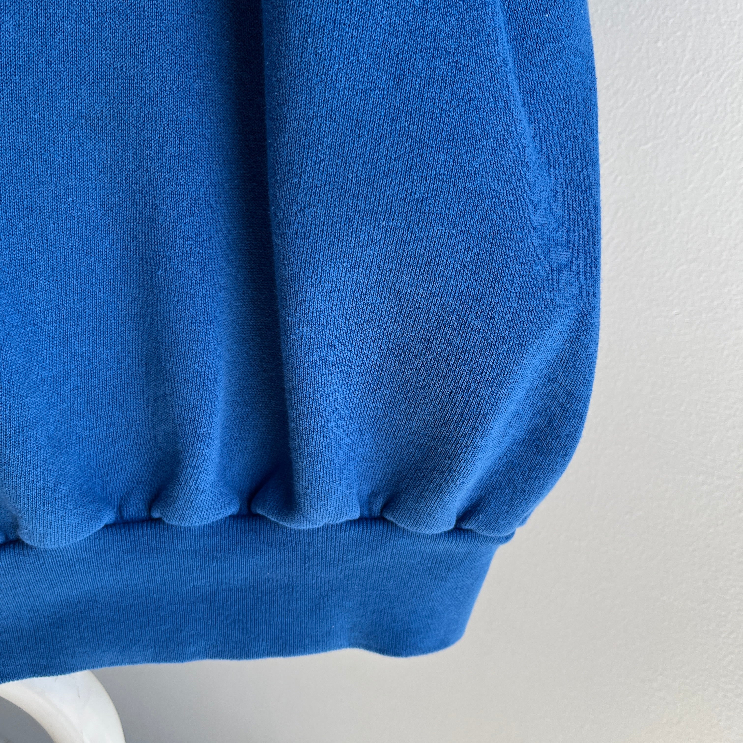 1980s Blank Blue Shorter Sleeved Warm Up Sweatshirt - Great Shape