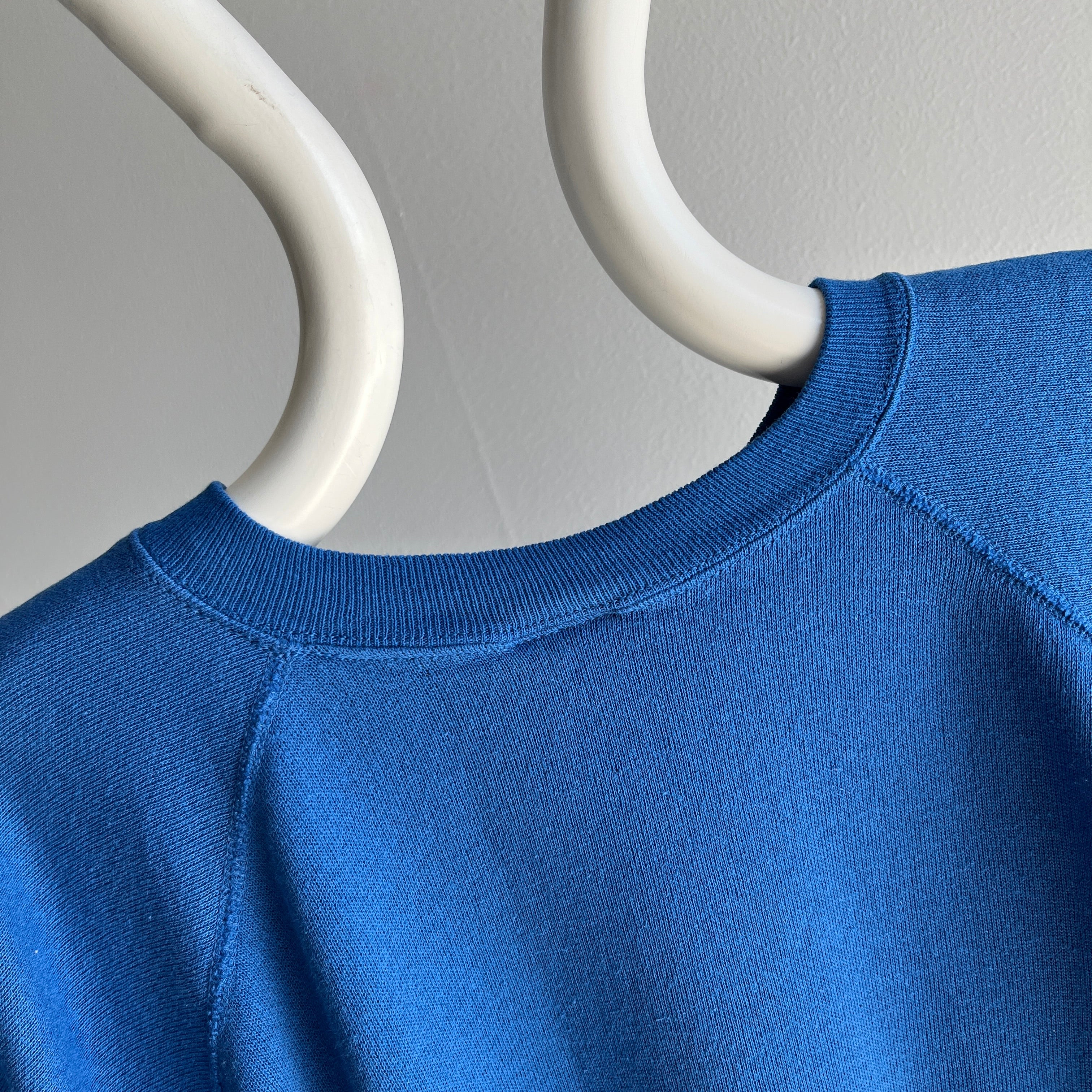 1980s Blank Blue Shorter Sleeved Warm Up Sweatshirt - Great Shape