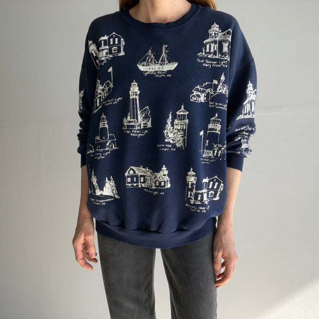 1980/90s Washington Lighthouses Thinned Out Tattered Torn and Shredded Sweatshirt - WOW