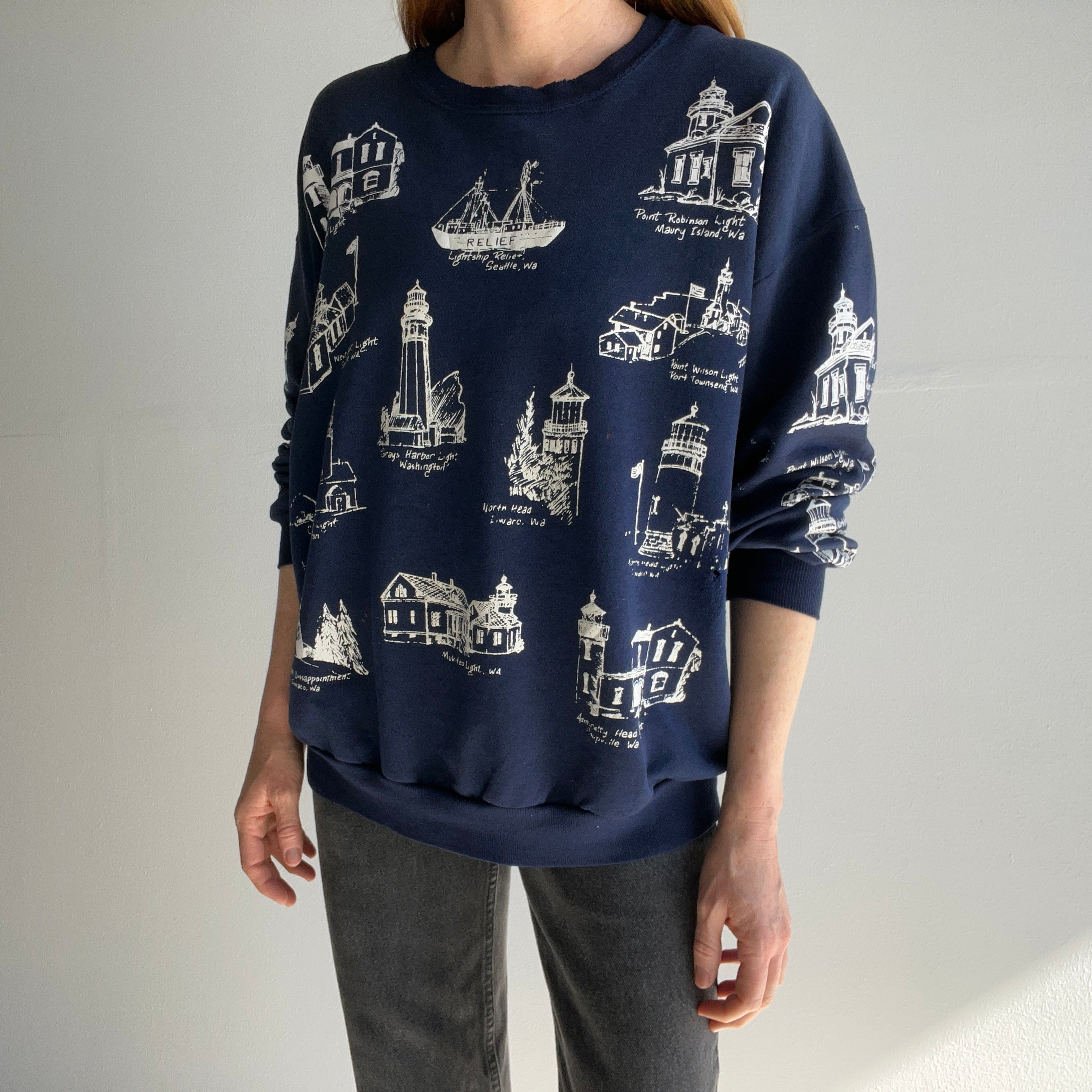 1980/90s Washington Lighthouses Thinned Out Tattered Torn and Shredded Sweatshirt - WOW