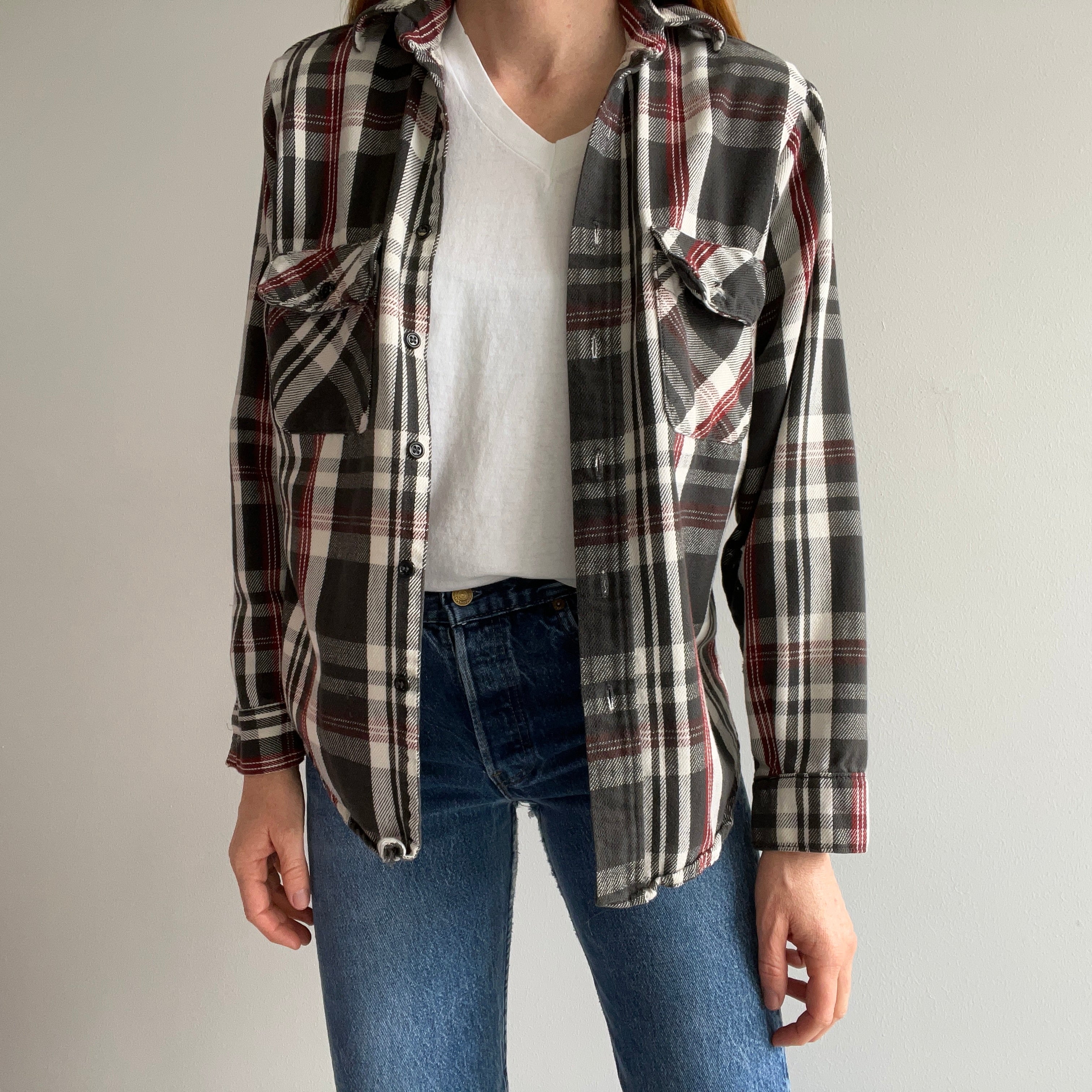 1980s/90s Five Brothers Dark Gray and Burgundy Cotton Flannel