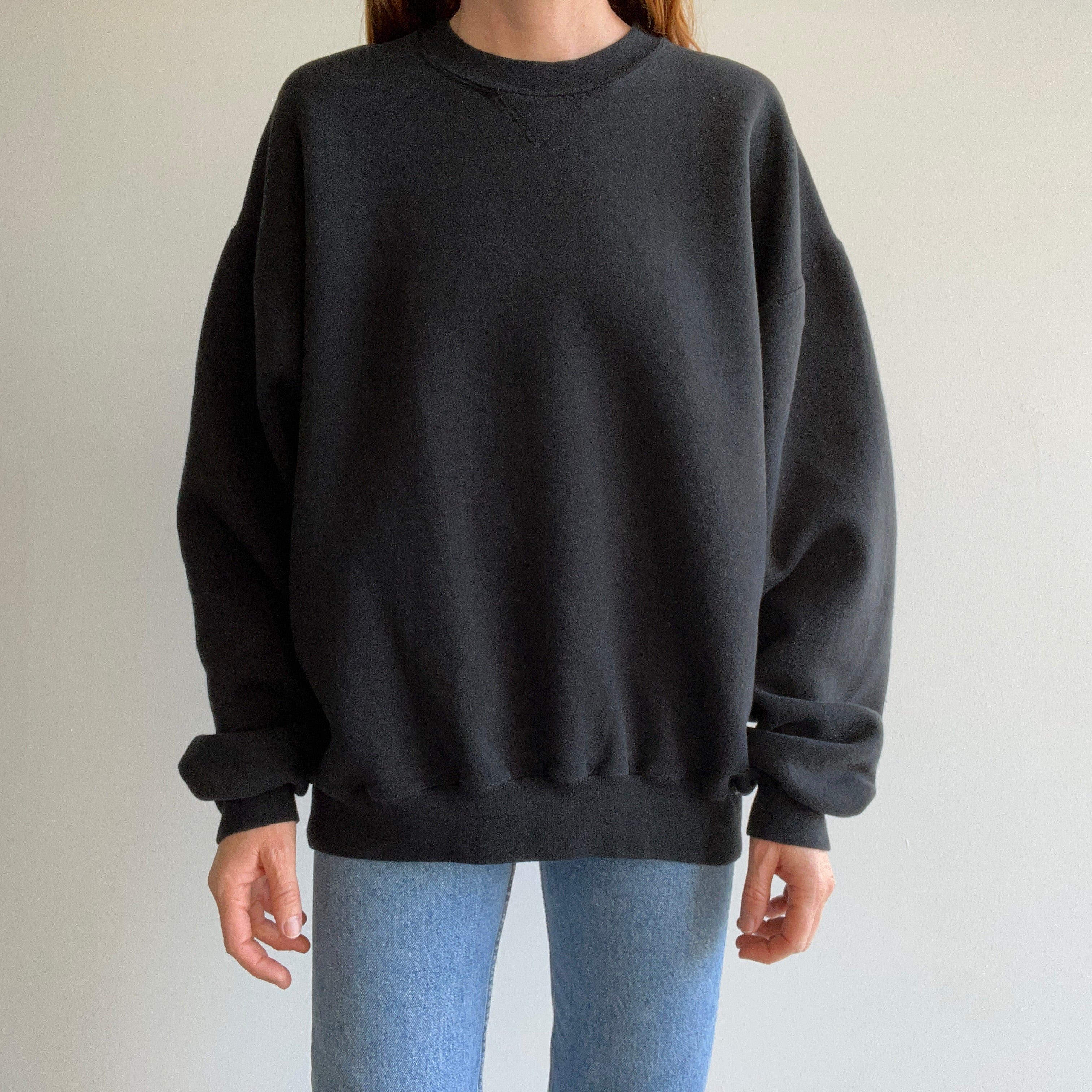 1990s Larger Blank Black Single V Sweatshirt with Very Little Wear
