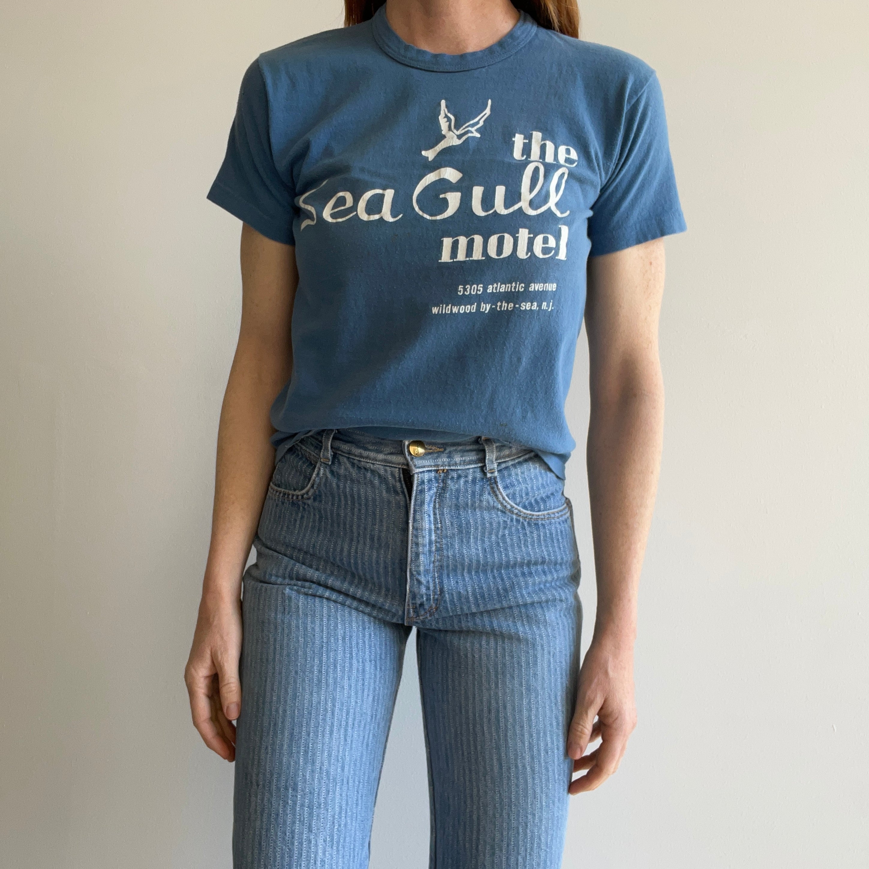 1970s The Sea Gull Motel - Wildwood, NJ - Rolled Neck Cotton T-Shirt by Russell