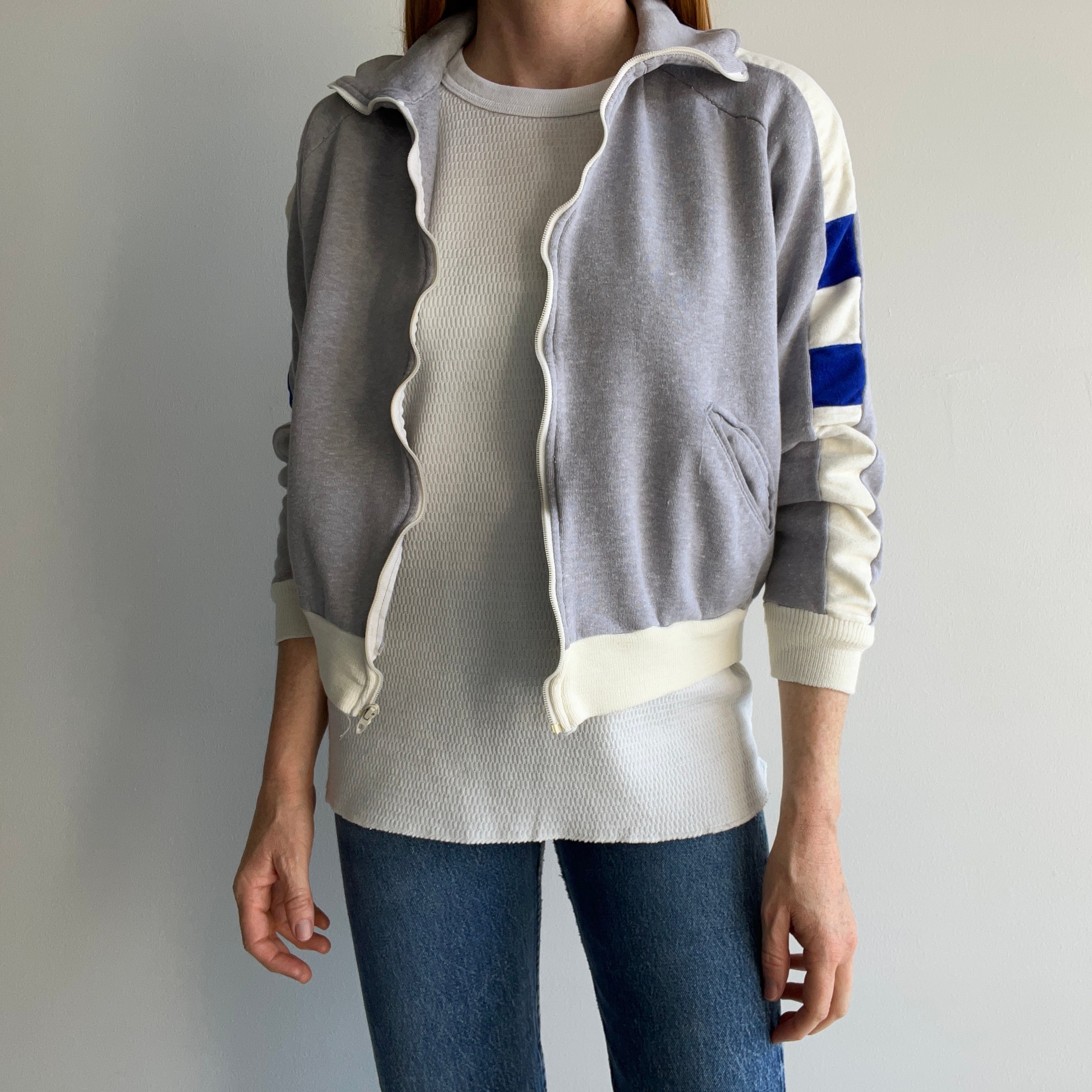 1970s Rad Color Block Single Pocket Soft and Slouchy Zip Up Sweatshirt