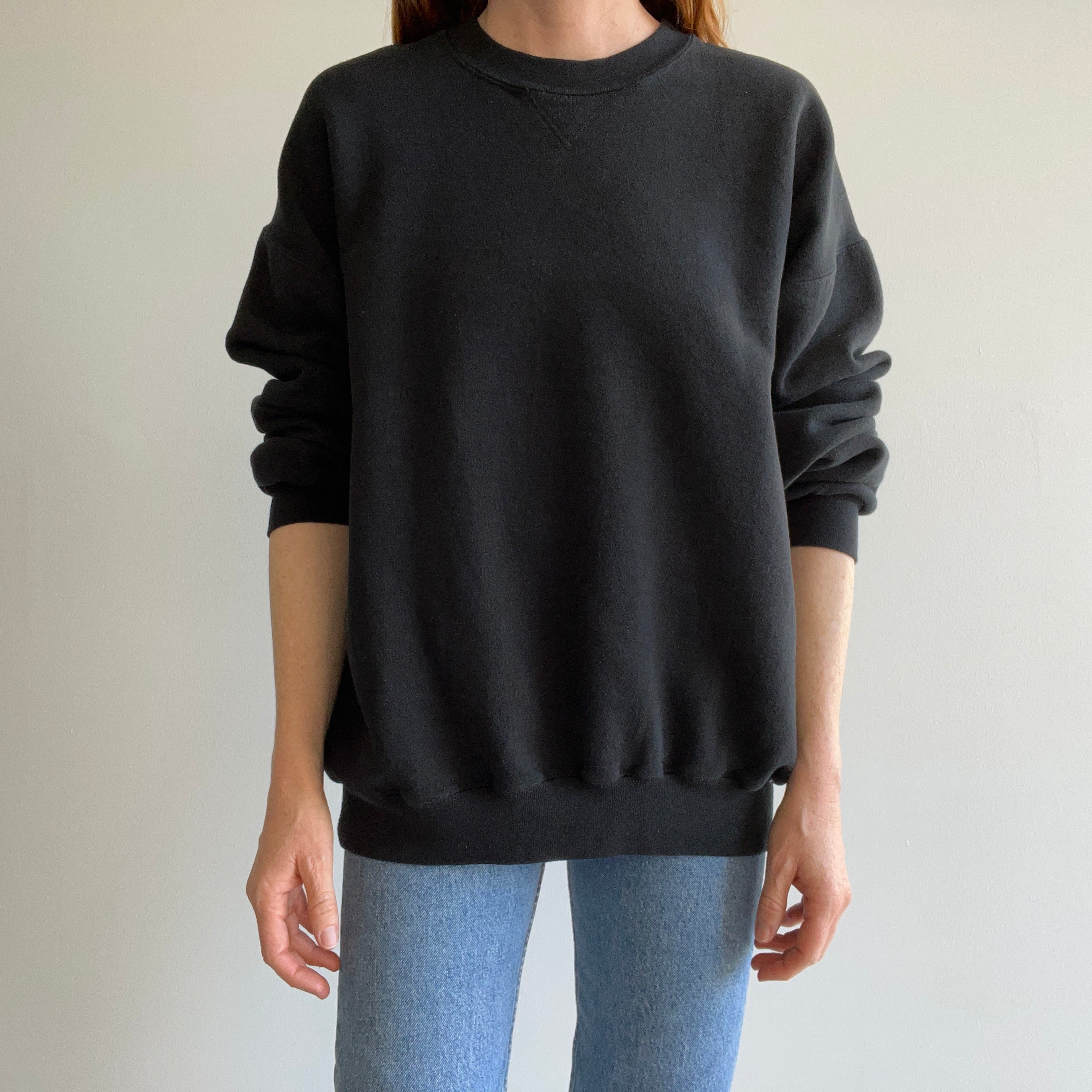 1990s Larger Blank Black Single V Sweatshirt with Very Little Wear