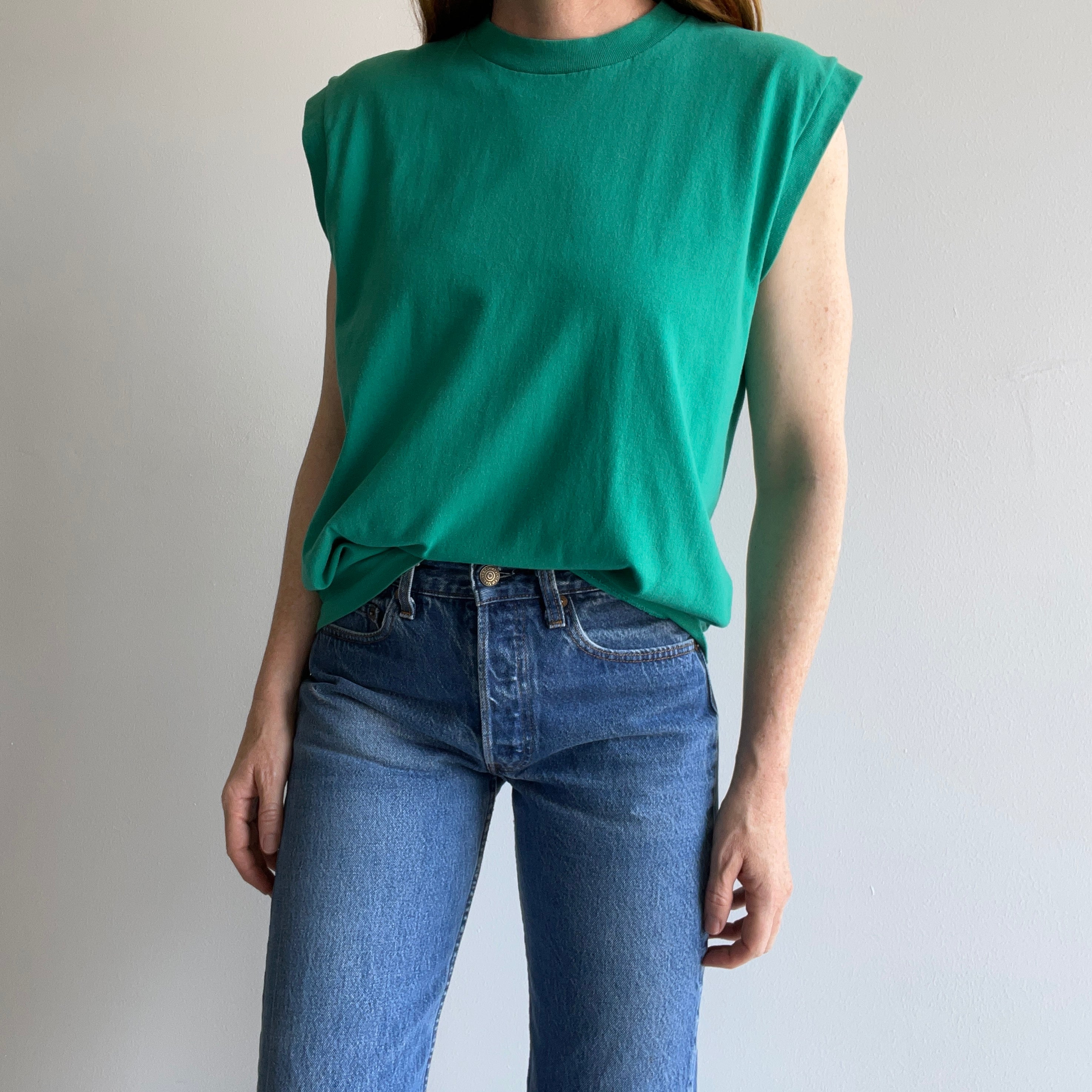 1980s Faded, Washed and Worn Teal Muscle tank - Single Stitch