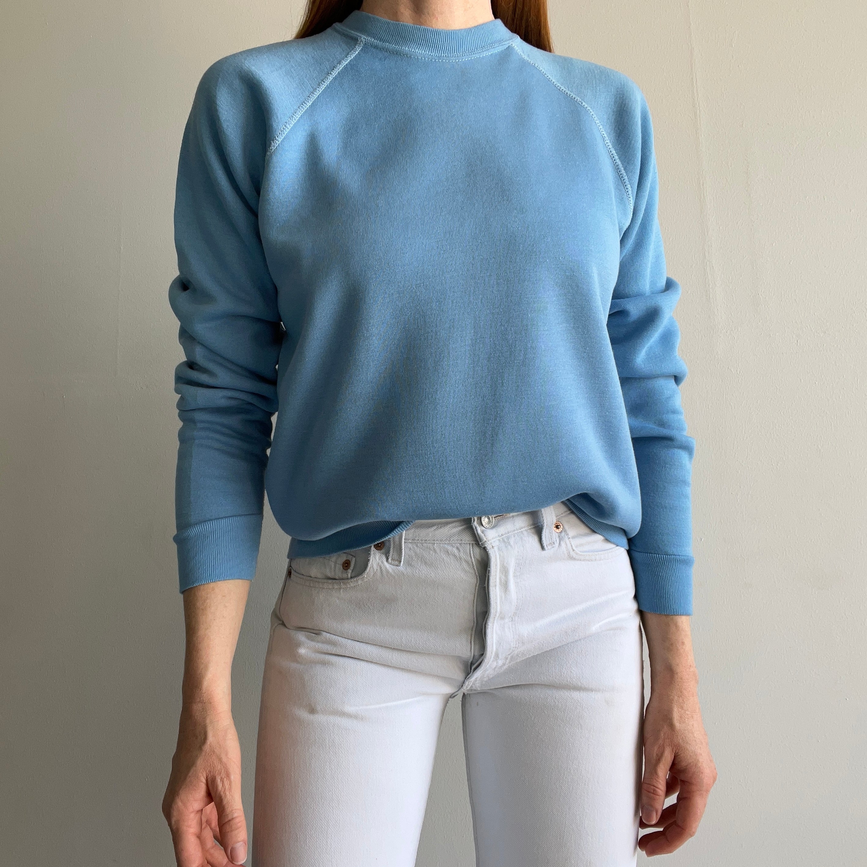 1970s Baby Blue Raglan with White Contrast Stitching