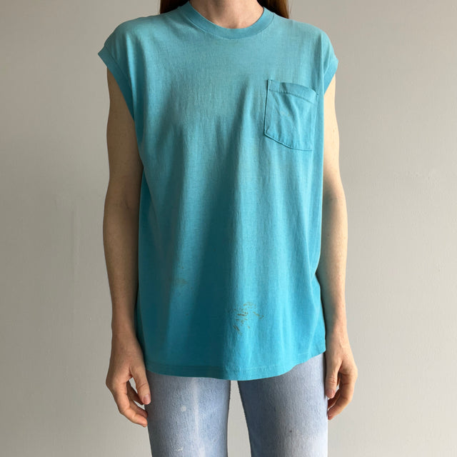 1980s Thinned Out and Stained Awesome Aqua Blue Pocket Tank Muscle T-Shirt