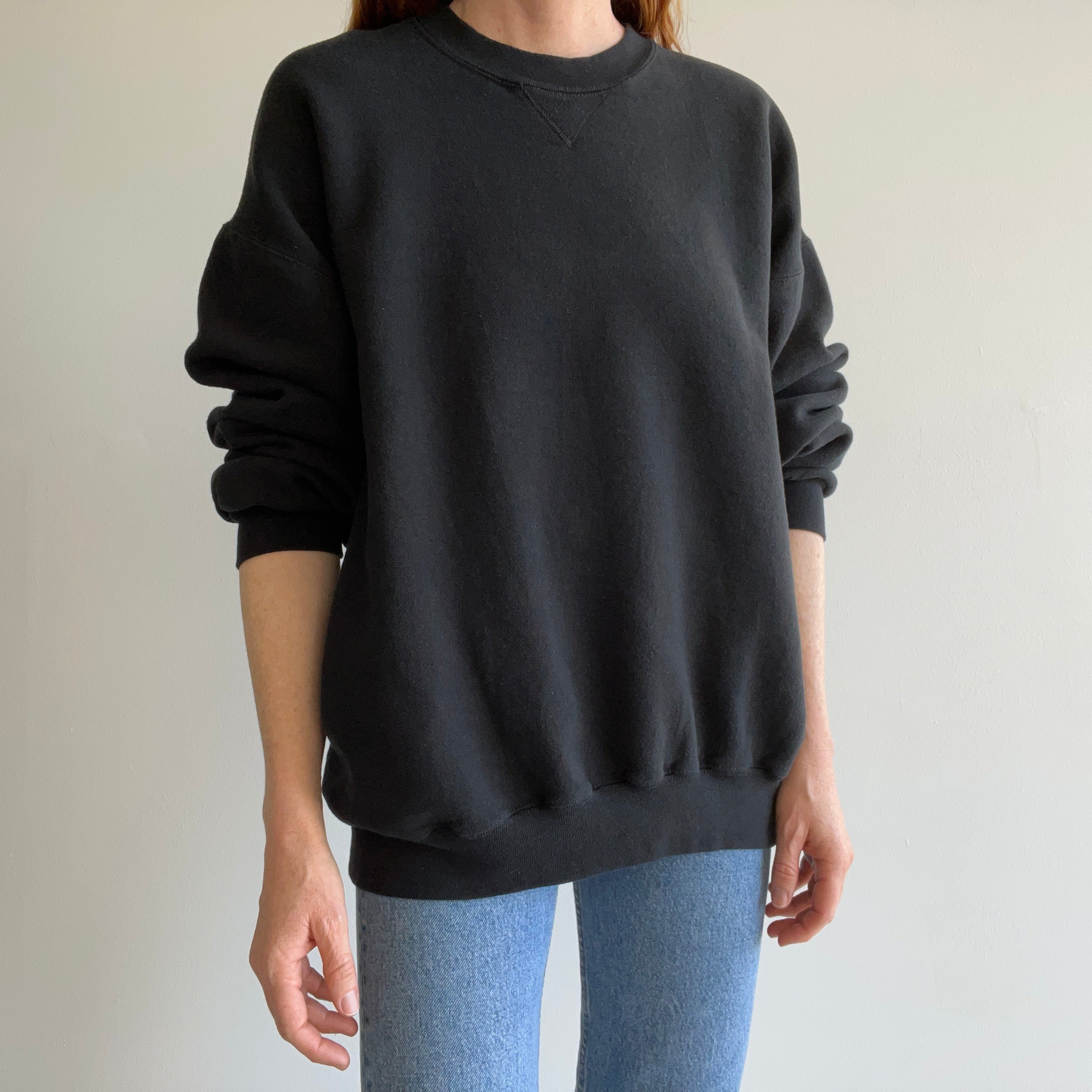 1990s Larger Blank Black Single V Sweatshirt with Very Little Wear