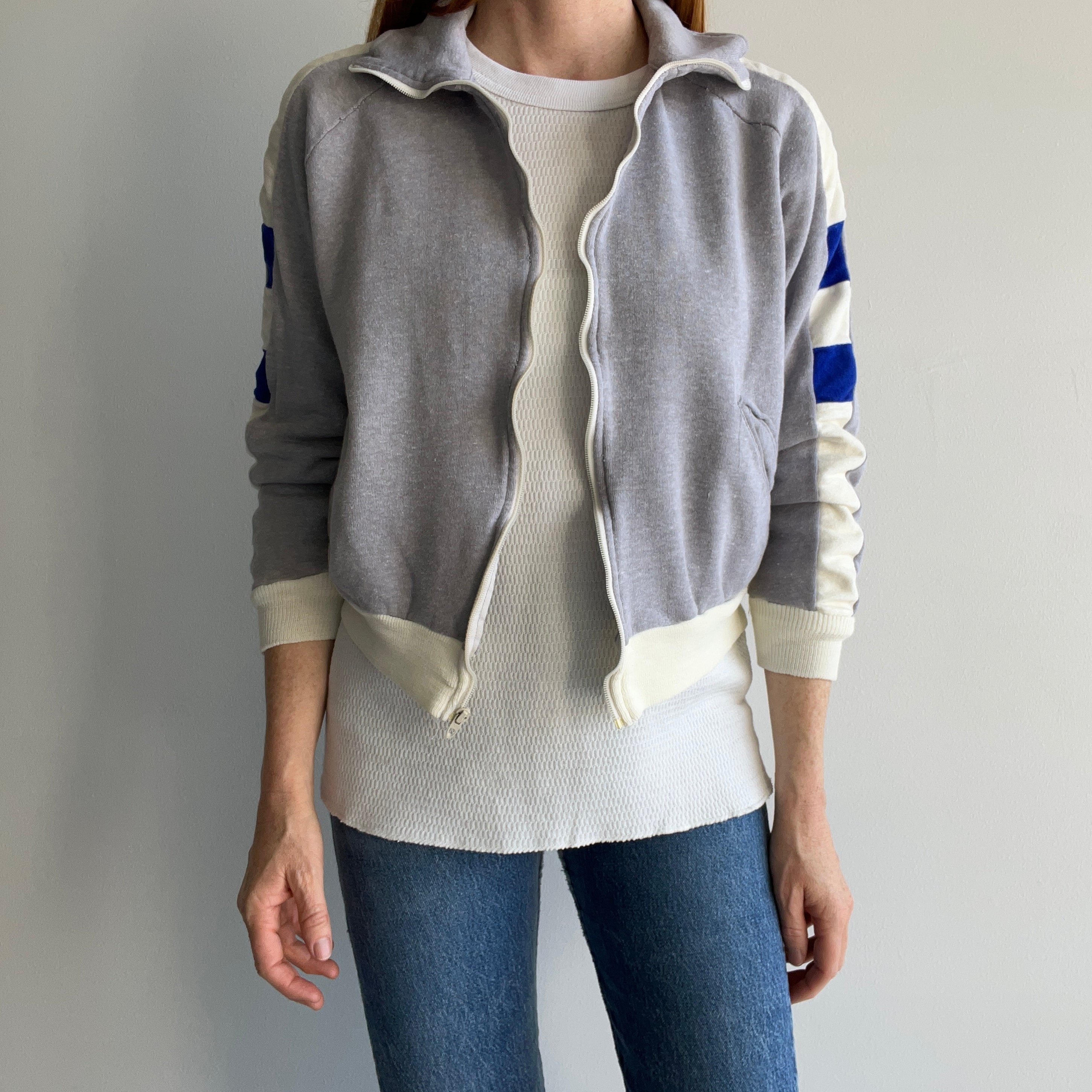 1970s Rad Color Block Single Pocket Soft and Slouchy Zip Up Sweatshirt