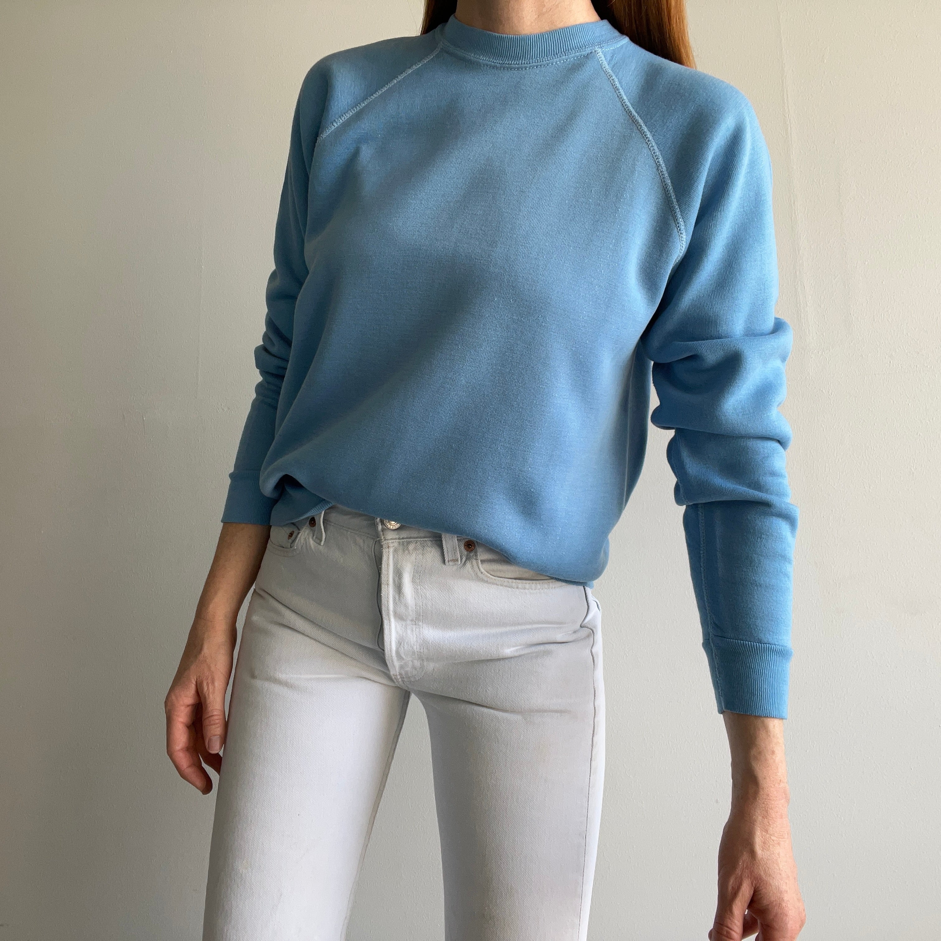 1970s Baby Blue Raglan with White Contrast Stitching