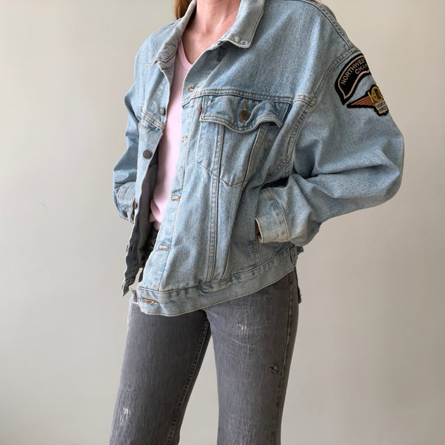 1990s Levis Denim Jacket with Harley Women's Patchwork on Sleeves and Back - RAD!