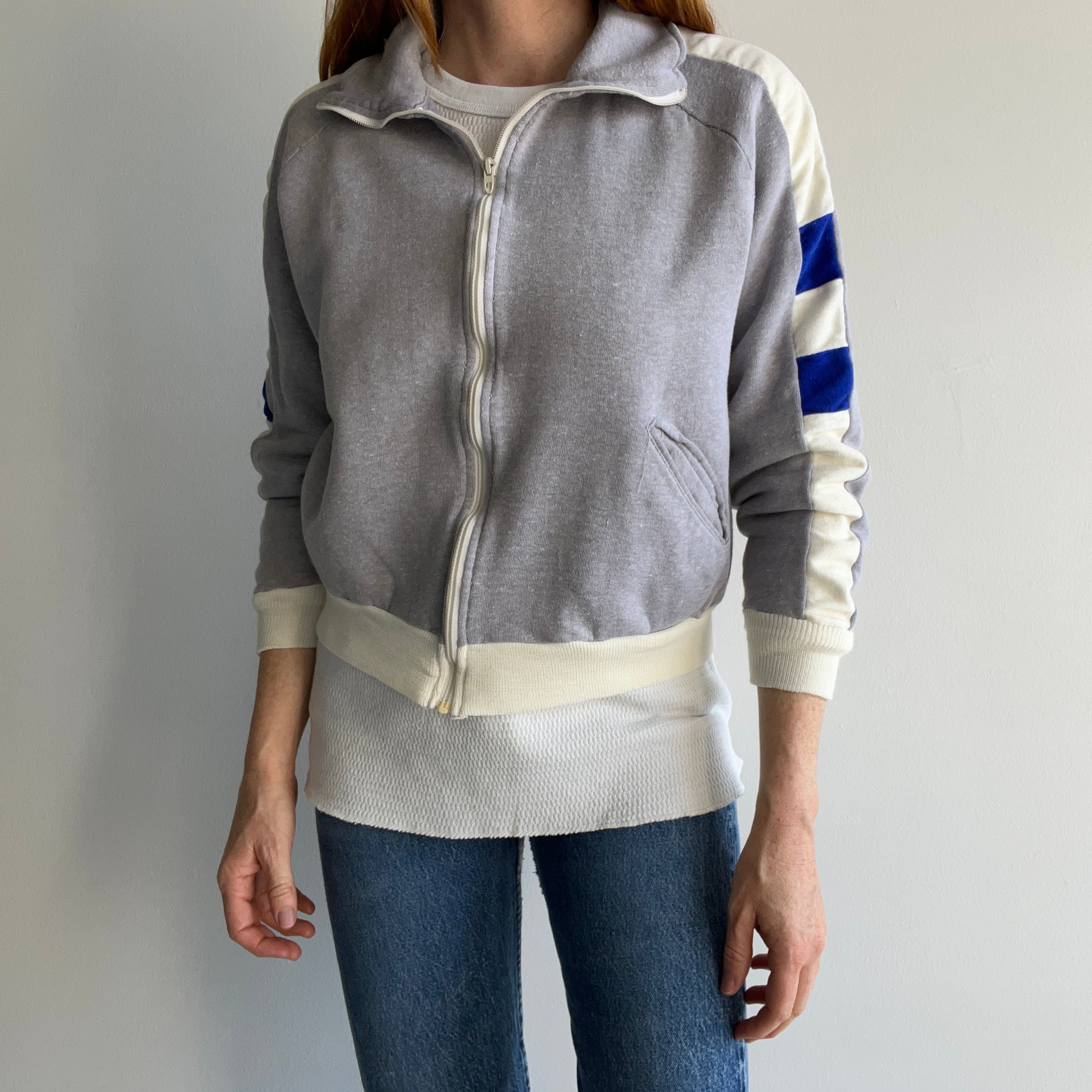 1970s Rad Color Block Single Pocket Soft and Slouchy Zip Up Sweatshirt