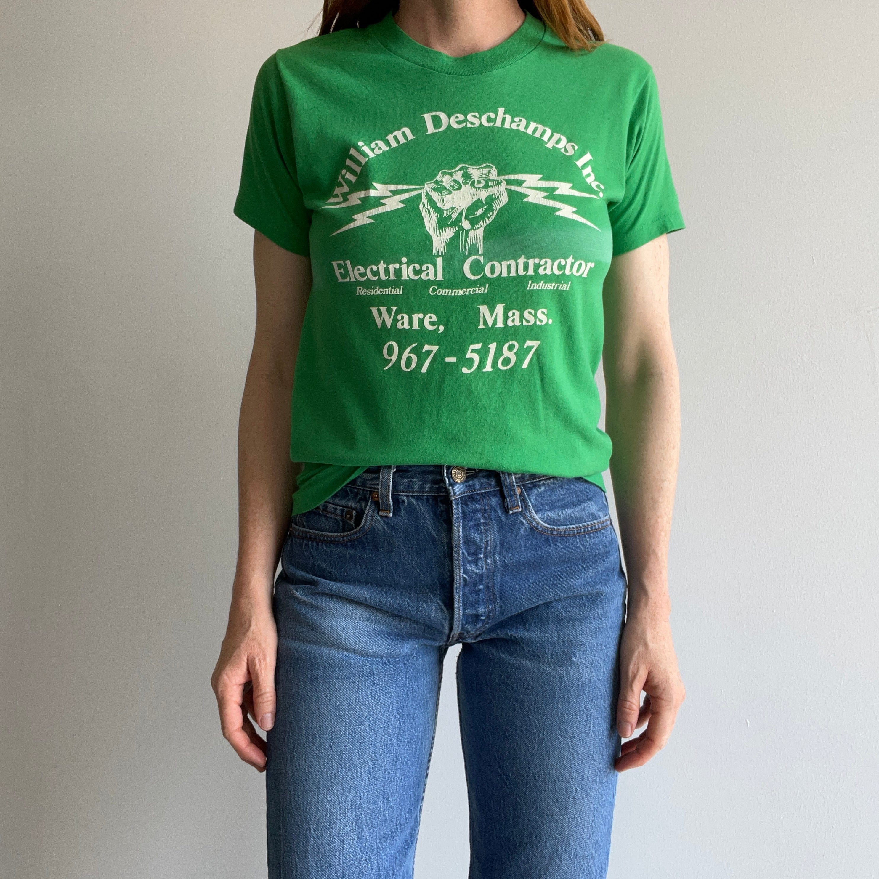 1980s No Zip Code/Punny Backside Electrical Contractor Advertising T-Shirt