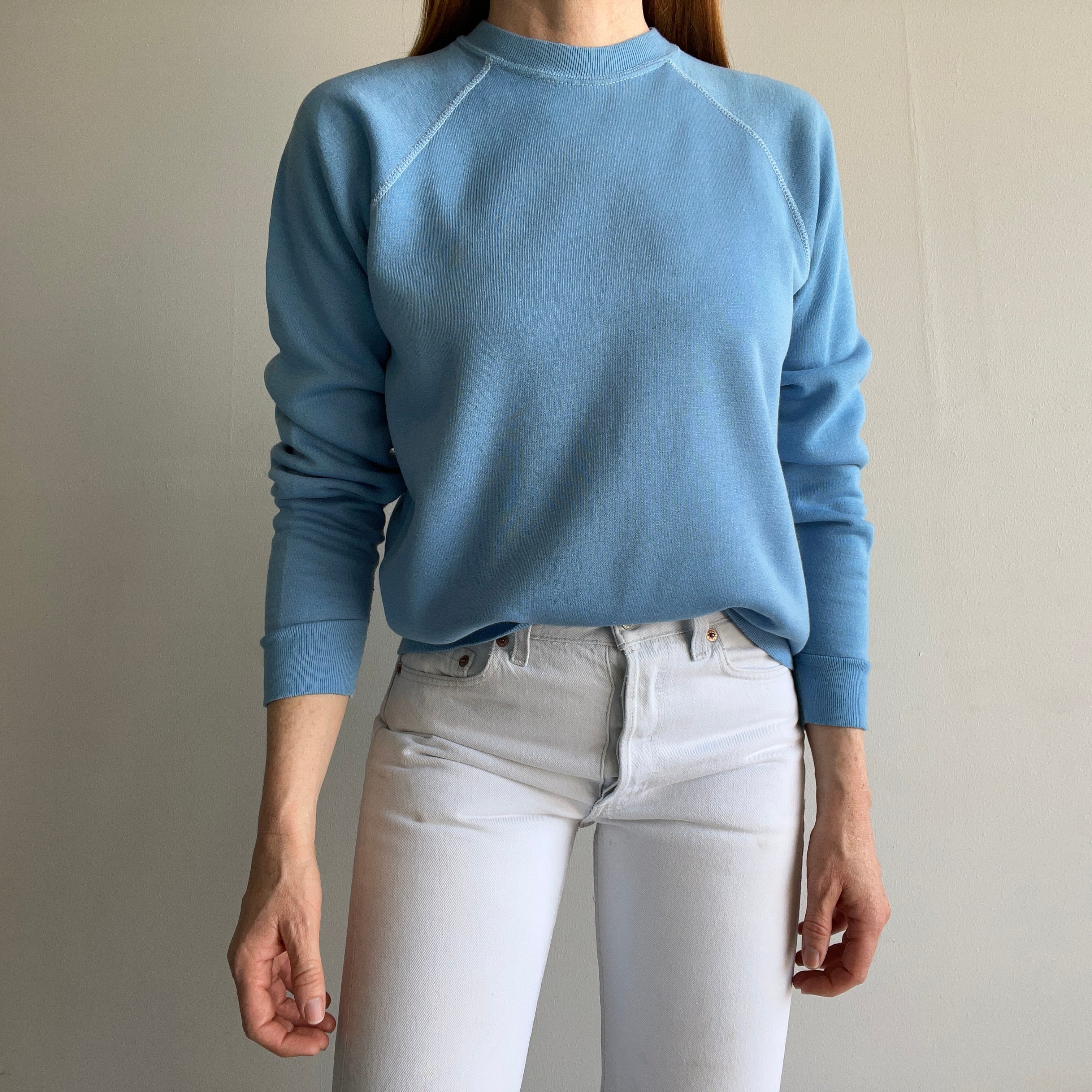 1970s Baby Blue Raglan with White Contrast Stitching