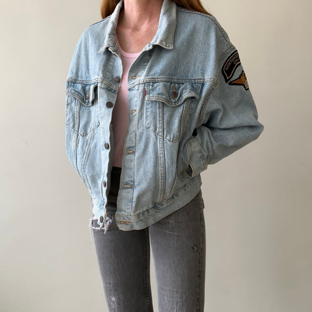 1990s Levis Denim Jacket with Harley Women's Patchwork on Sleeves and Back - RAD!