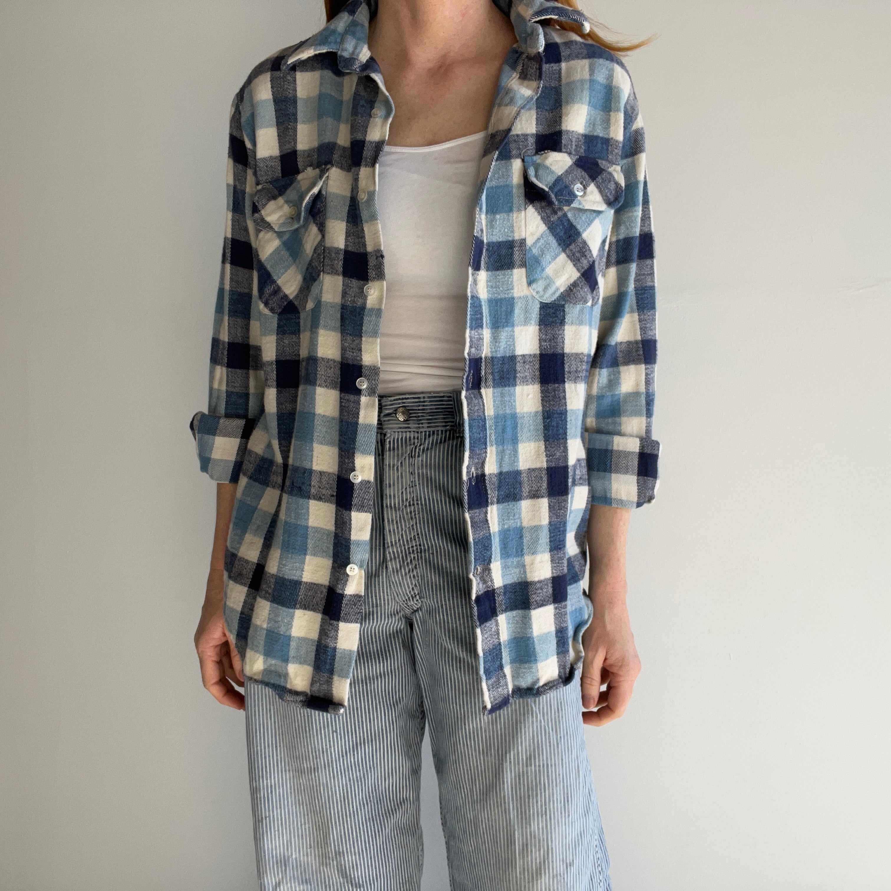 1980s Medium Weight Blue Checkered Flannel