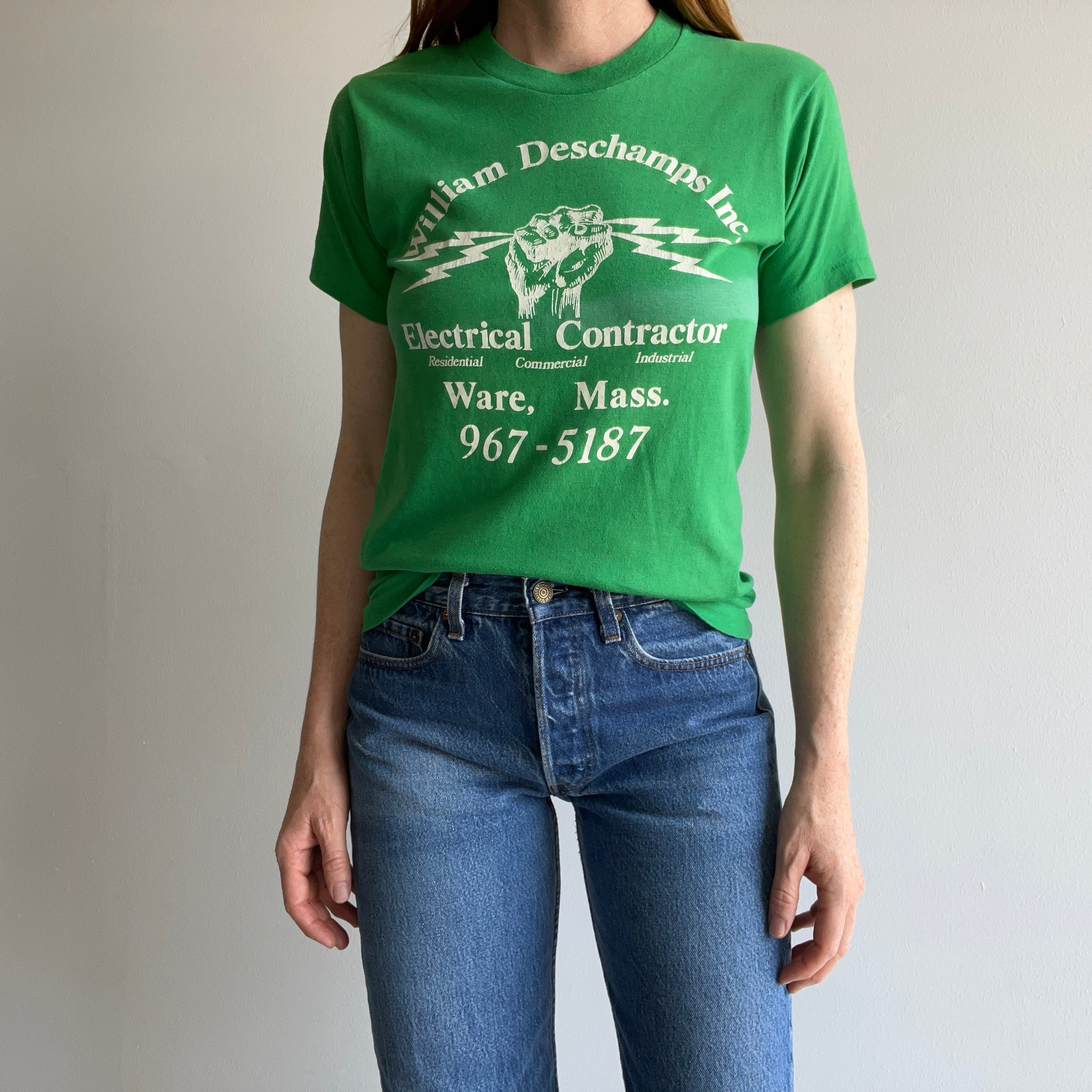 1980s No Zip Code/Punny Backside Electrical Contractor Advertising T-Shirt