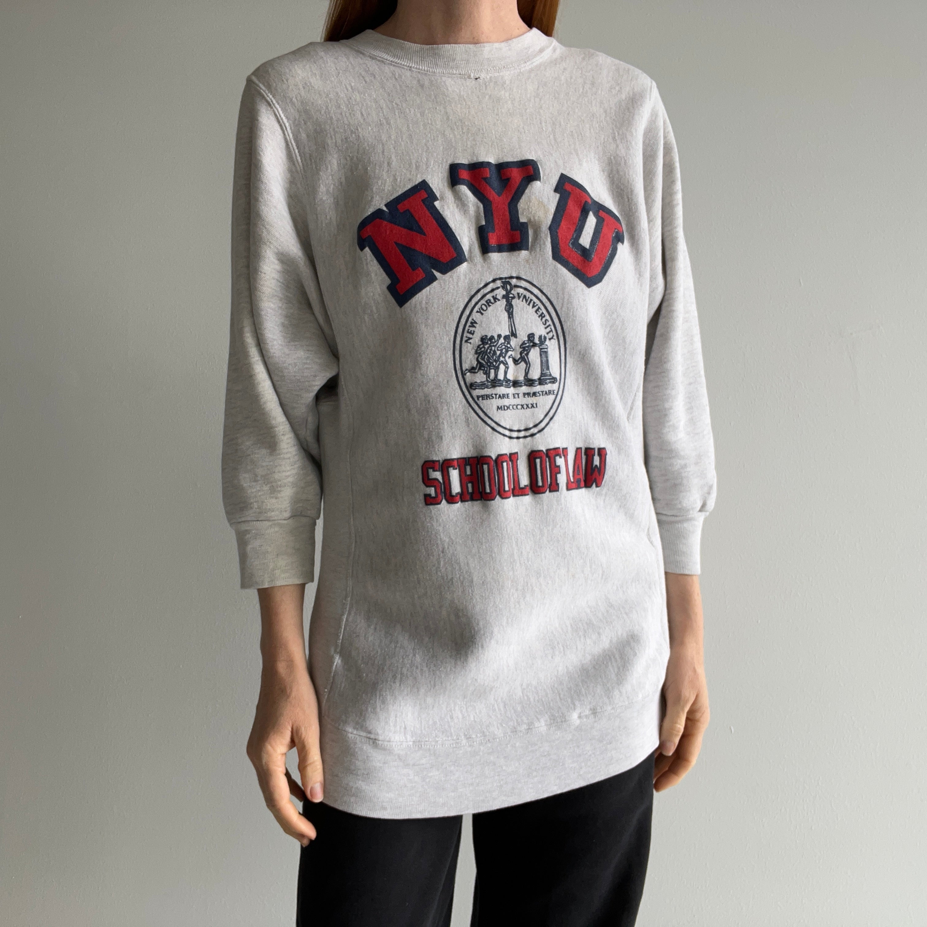 1980s Super Soft NYU Law School Reverse Weave 1/2 Sleeve Sweatshirt - WOW