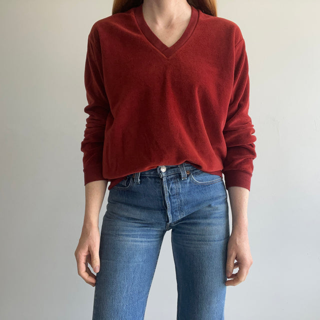 1970s Rusty Velour V-Neck Sweatshirt