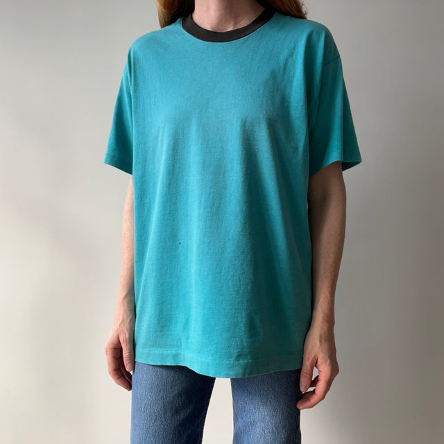 1980s Perfectly Worn Two Tone Blank Faded Turquoise and Black Single Stitch T-Shirt