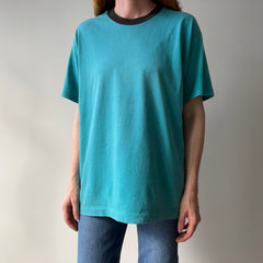 1980s Perfectly Worn Two Tone Blank Faded Turquoise and Black Single Stitch T-Shirt