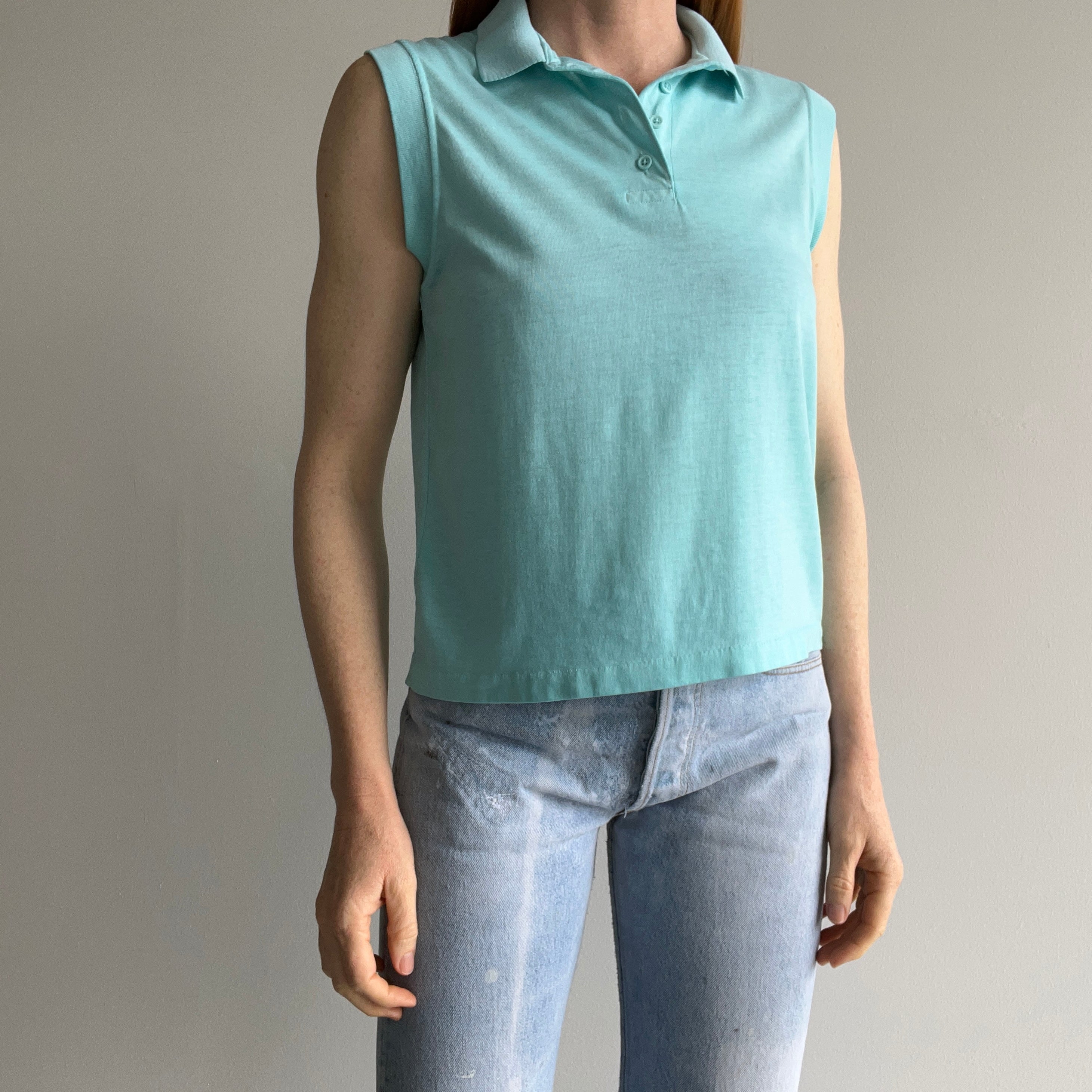 1980s Thinned Out Tank Top Polo Shirt - Aqua Blue - So Sweet