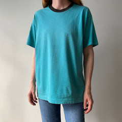 1980s Perfectly Worn Two Tone Blank Faded Turquoise and Black Single Stitch T-Shirt