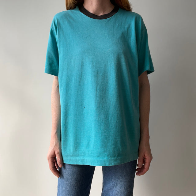 1980s Perfectly Worn Two Tone Blank Faded Turquoise and Black Single Stitch T-Shirt