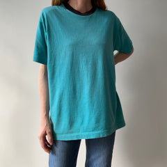 1980s Perfectly Worn Two Tone Blank Faded Turquoise and Black Single Stitch T-Shirt