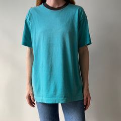 1980s Perfectly Worn Two Tone Blank Faded Turquoise and Black Single Stitch T-Shirt