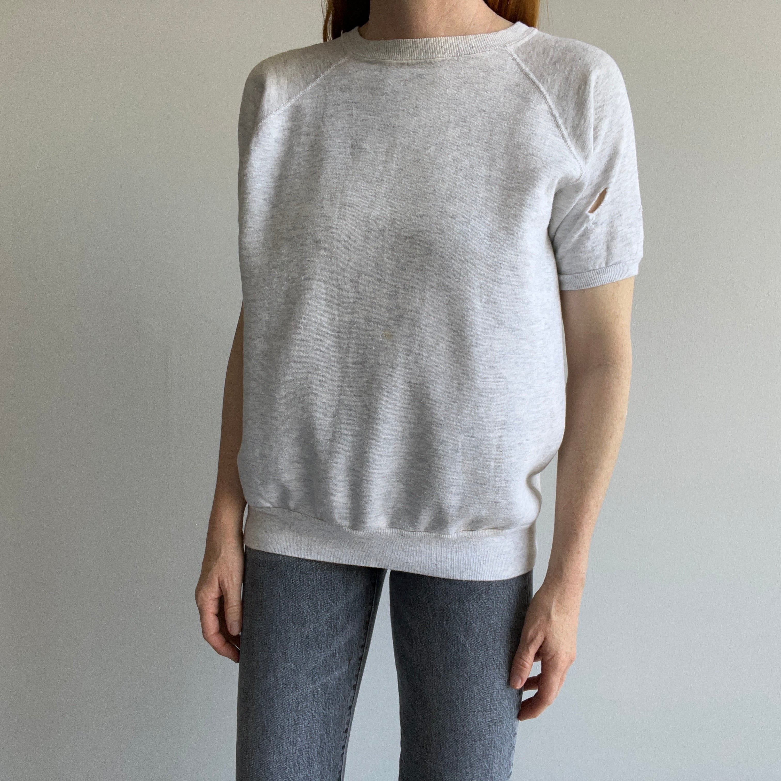 1980s Light Gray Blank Warm Up Sweatshirt with a hole in the Sleeve