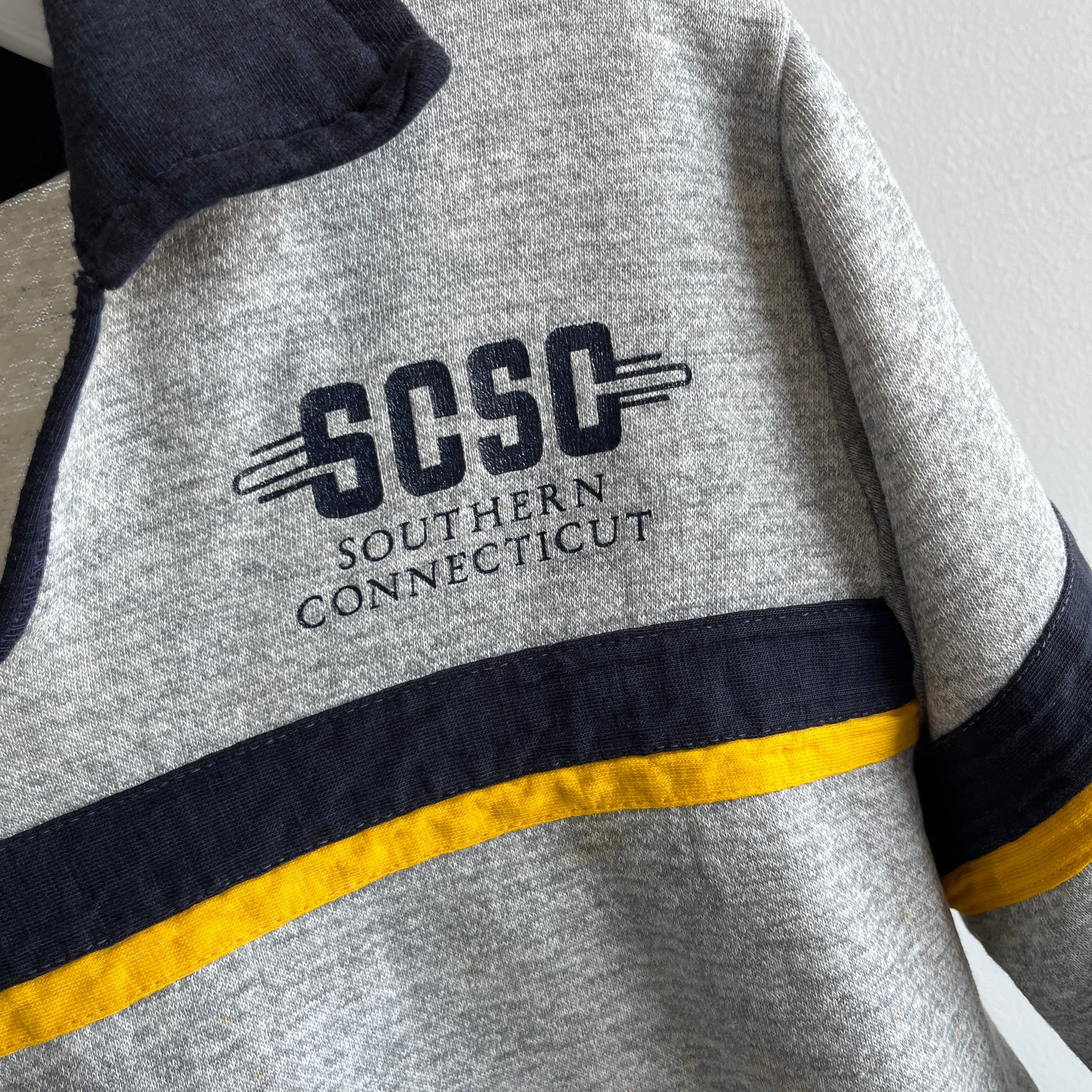 1970s Champion Blue Bar Collectible Tattered, Torn and Super Worn SCSC Southern Connecticut Henley Sweatshirt