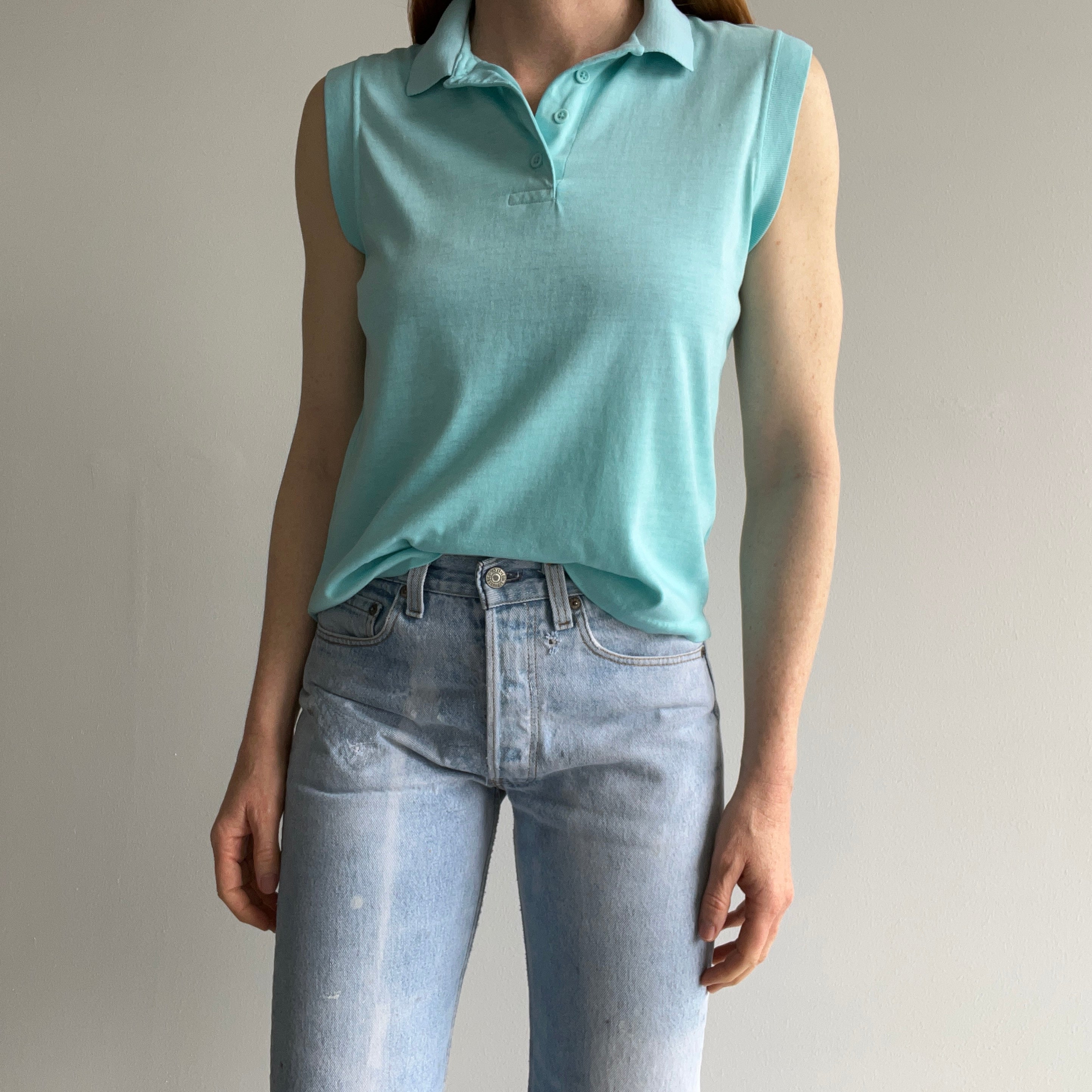 1980s Thinned Out Tank Top Polo Shirt - Aqua Blue - So Sweet