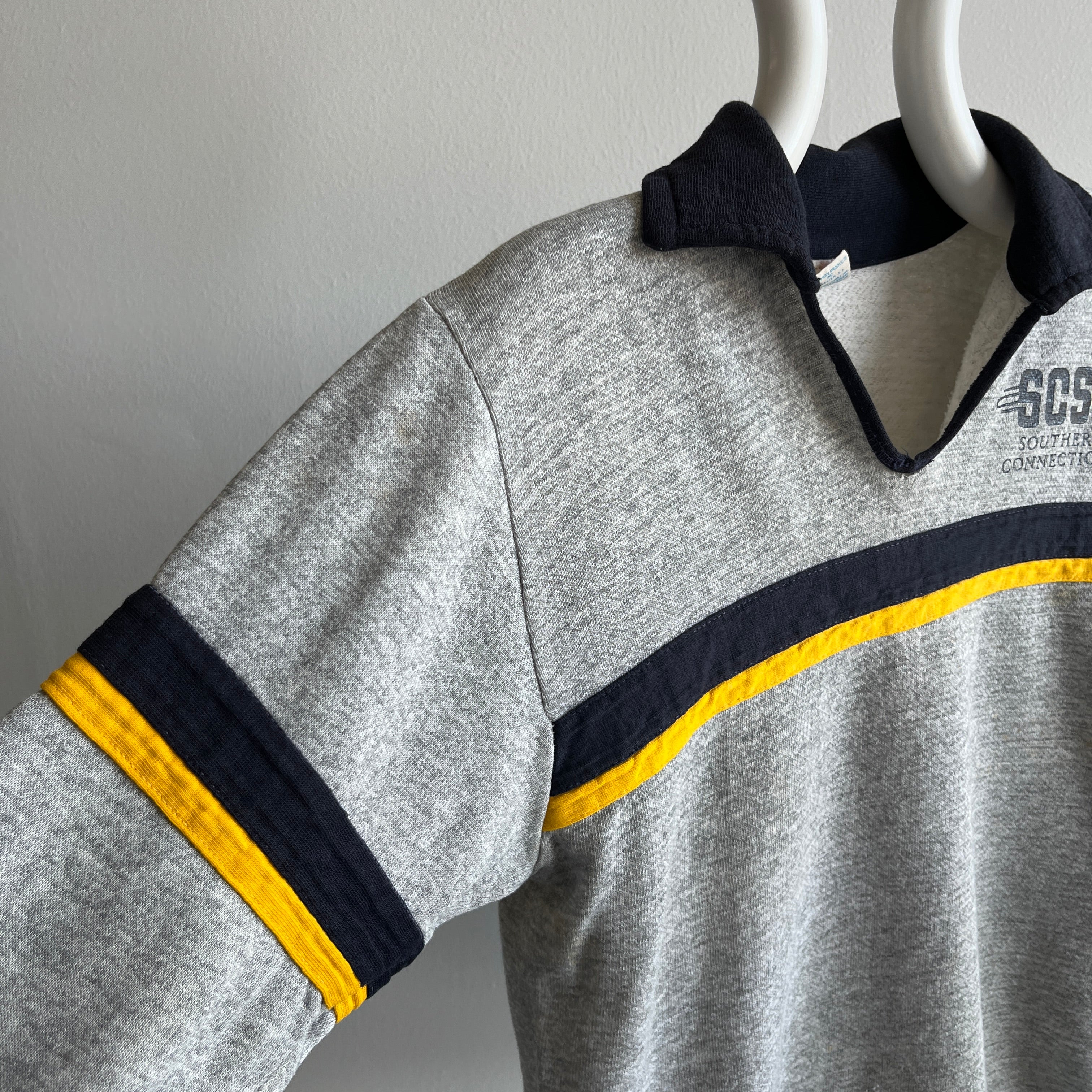1970s Champion Blue Bar Collectible Tattered, Torn and Super Worn SCSC Southern Connecticut Henley Sweatshirt