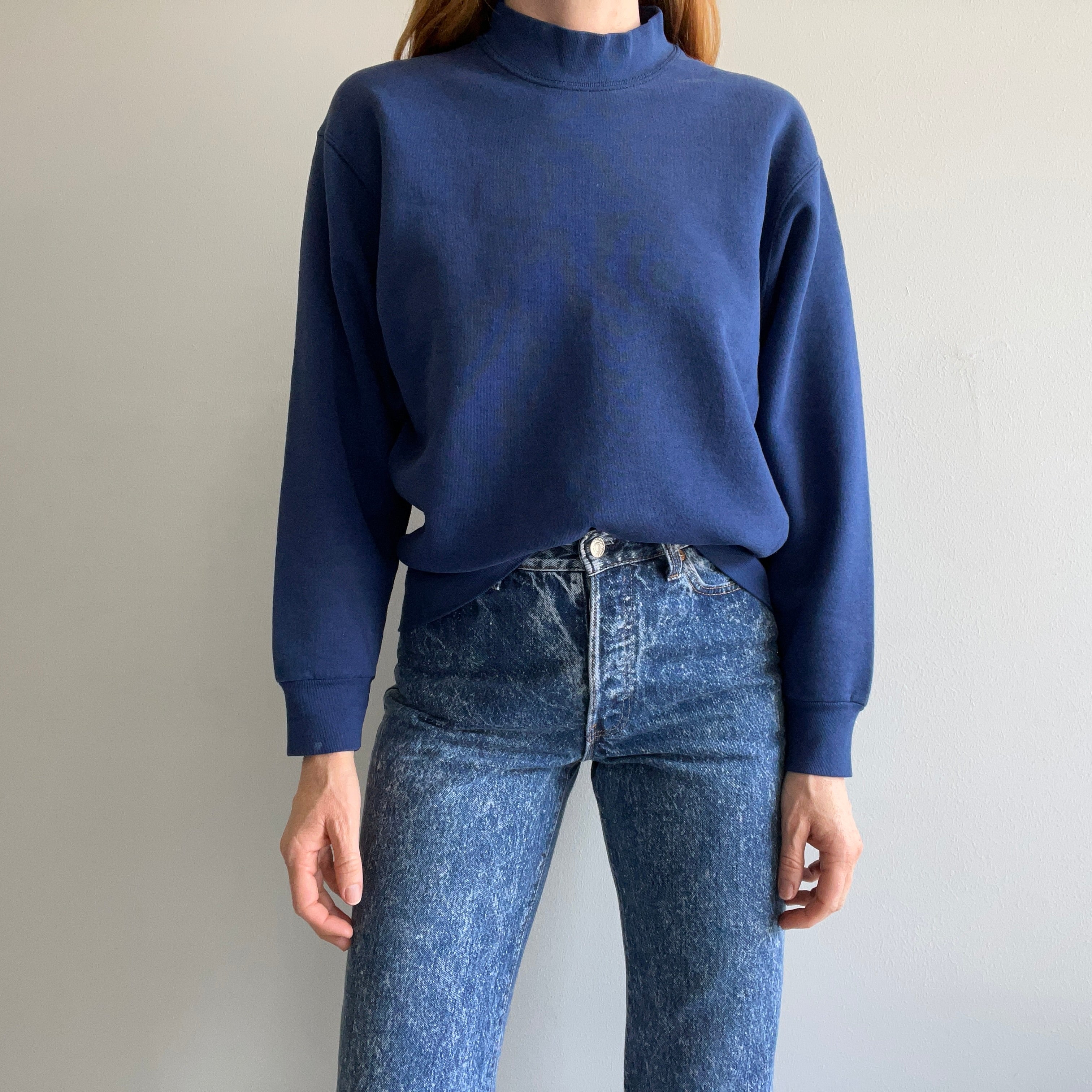1980s Blank Faded Navy Mock Neck Sweatshirt with Staining by BVD