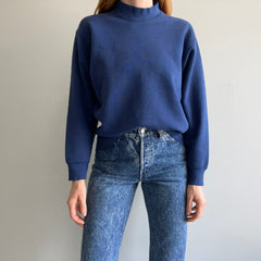 1980s Blank Faded Navy Mock Neck Sweatshirt with Staining by BVD