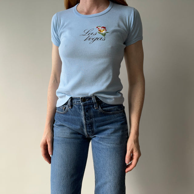 1970s Las Vegas Baby Tee with Embroidered Flower Patch and Faint Arm Pit Stains