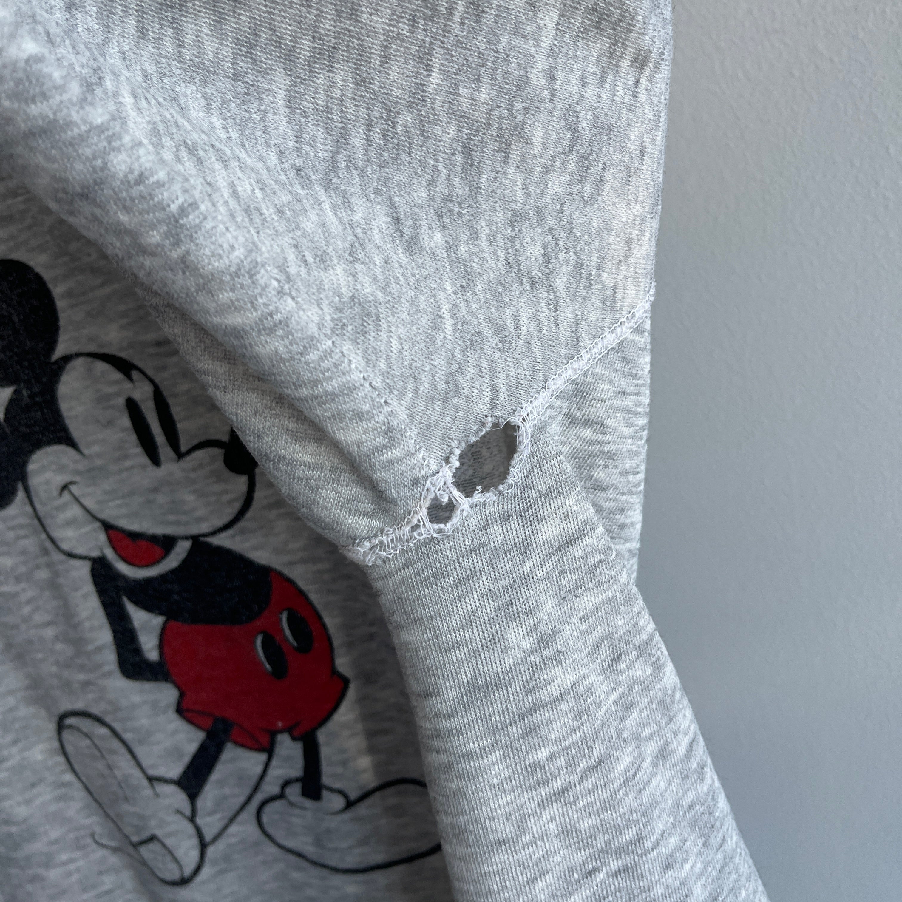 1980s Thinned Out Tattered and Torn Mickey Raglan Sweatshirt - Collectible
