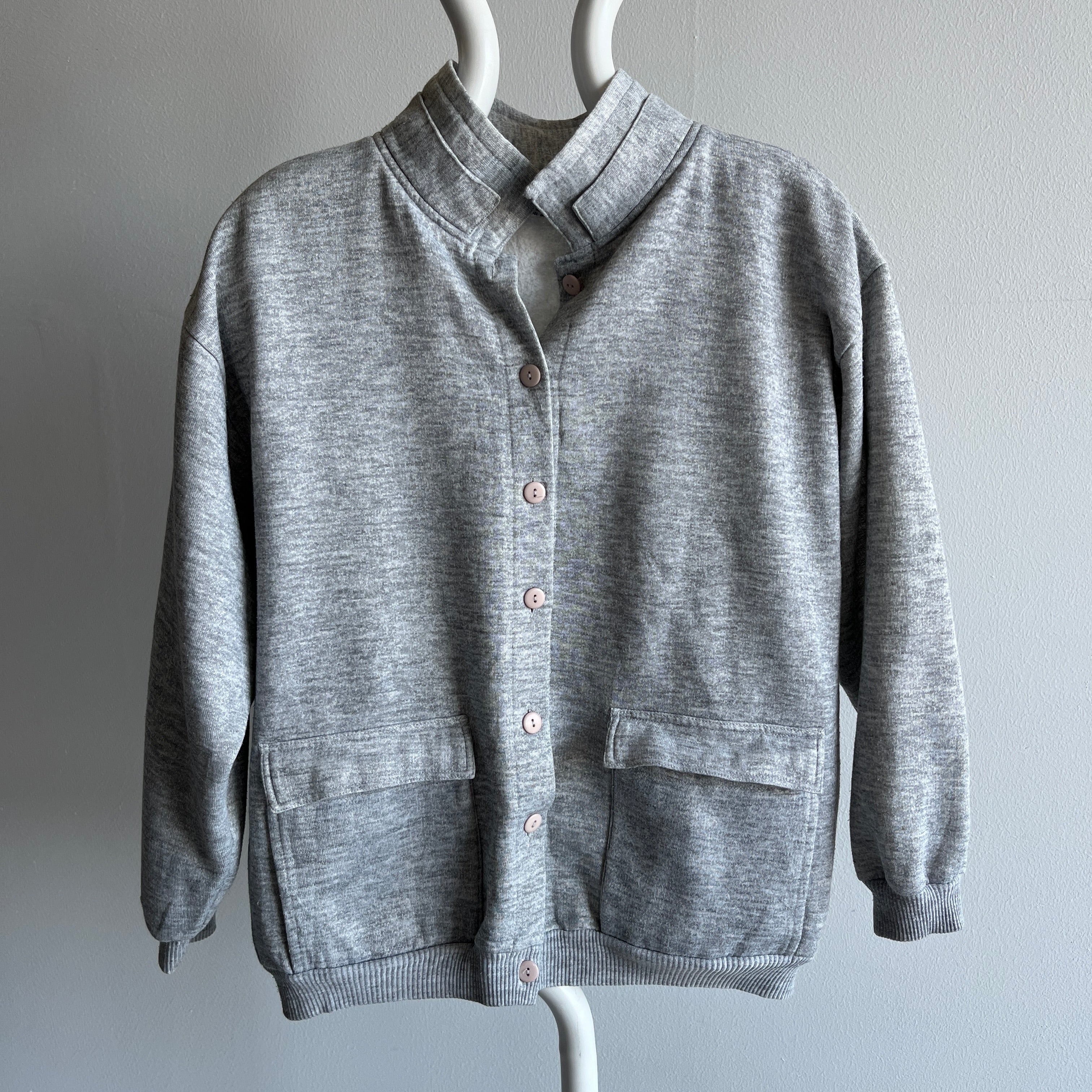 1980s Button Up Blank Gray Cardigan with Pockets for Snacks