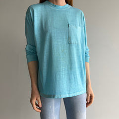 1970/80s Super Thinned Out Long Sleeve Pocket T-Shirt - Aqua Blue - SUPER STAINED